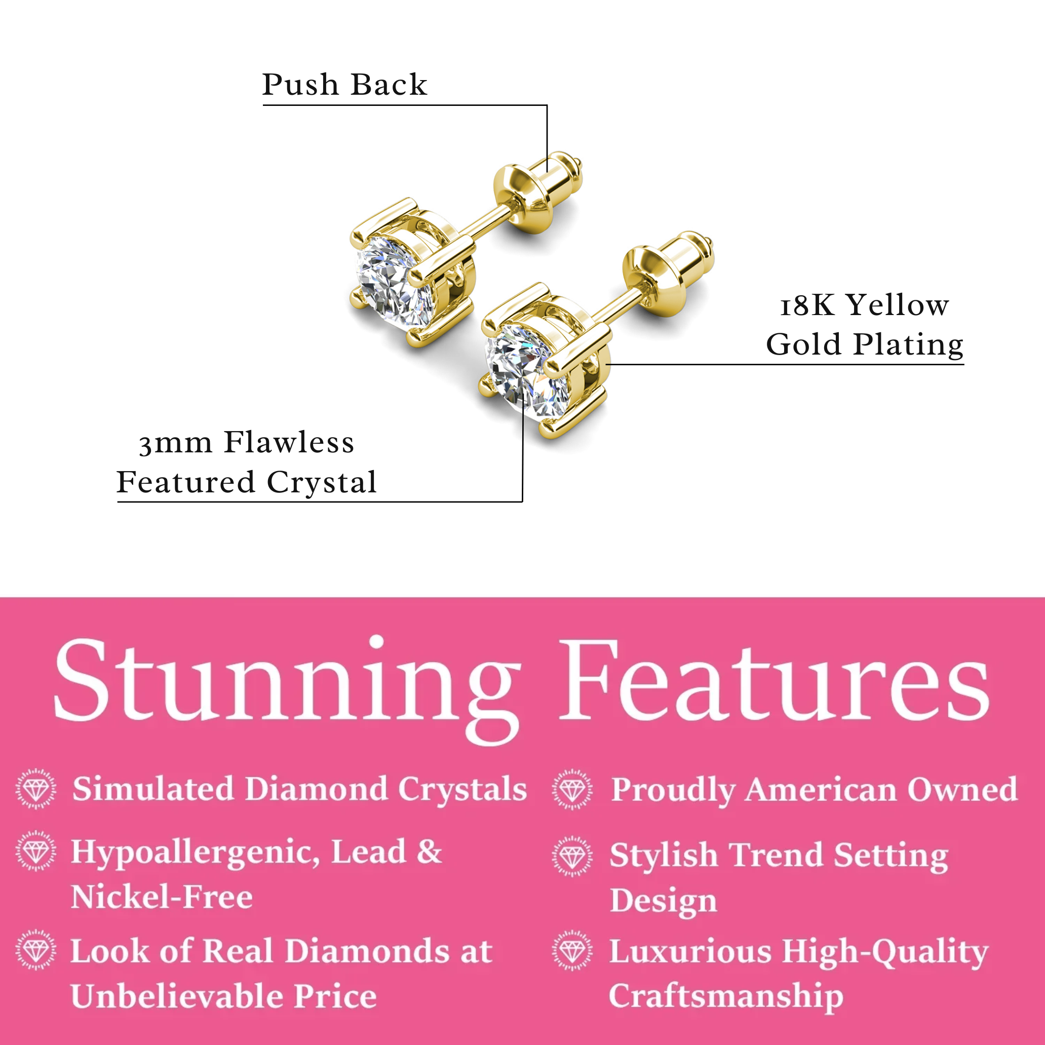 Mia 18k White Gold Plated Sterling Silver Stud Earrings with Simulated Diamond Crystals