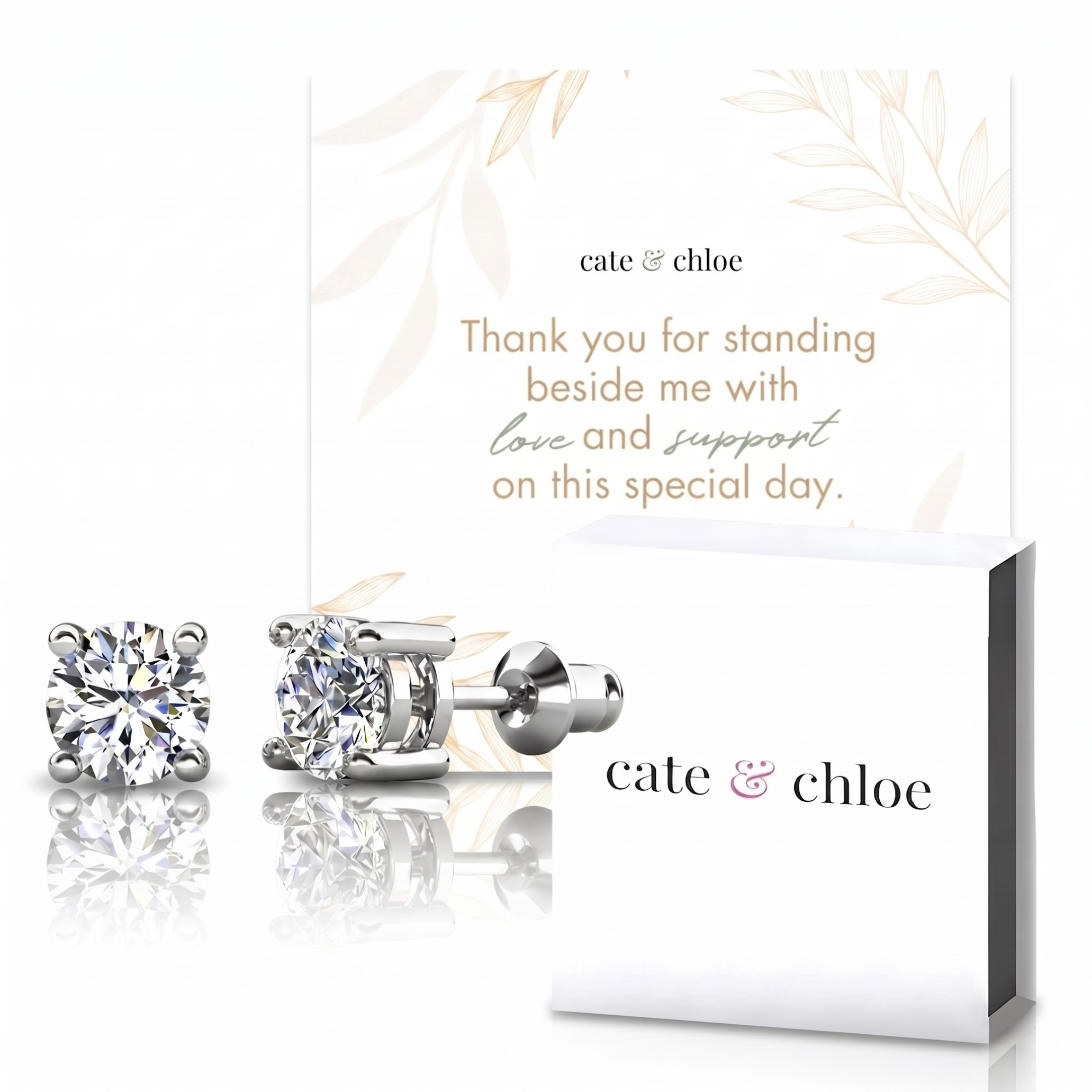 Mia 18k White Gold Plated Stud Earrings & To Bridesmaid Leaf Card