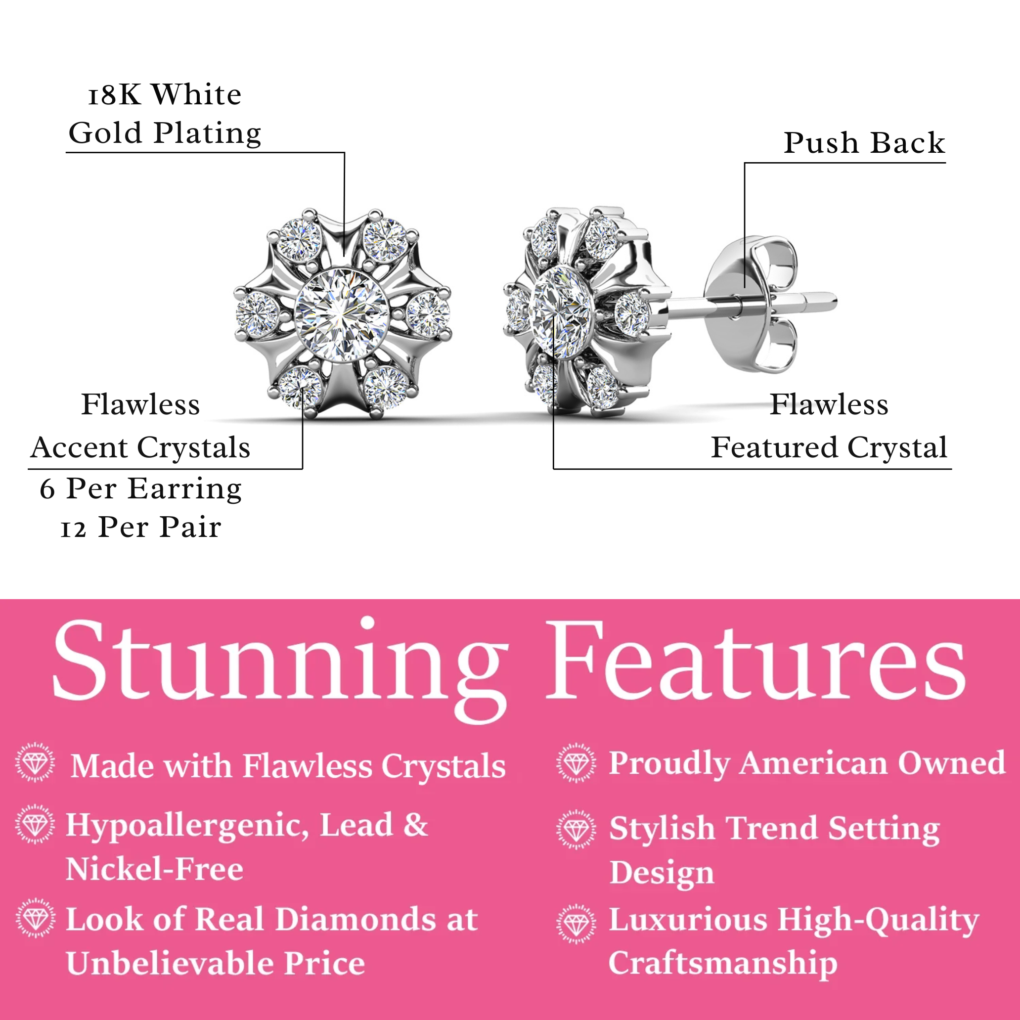 Millie 18k White Gold Plated Stud Earrings with Swarovski Crystals