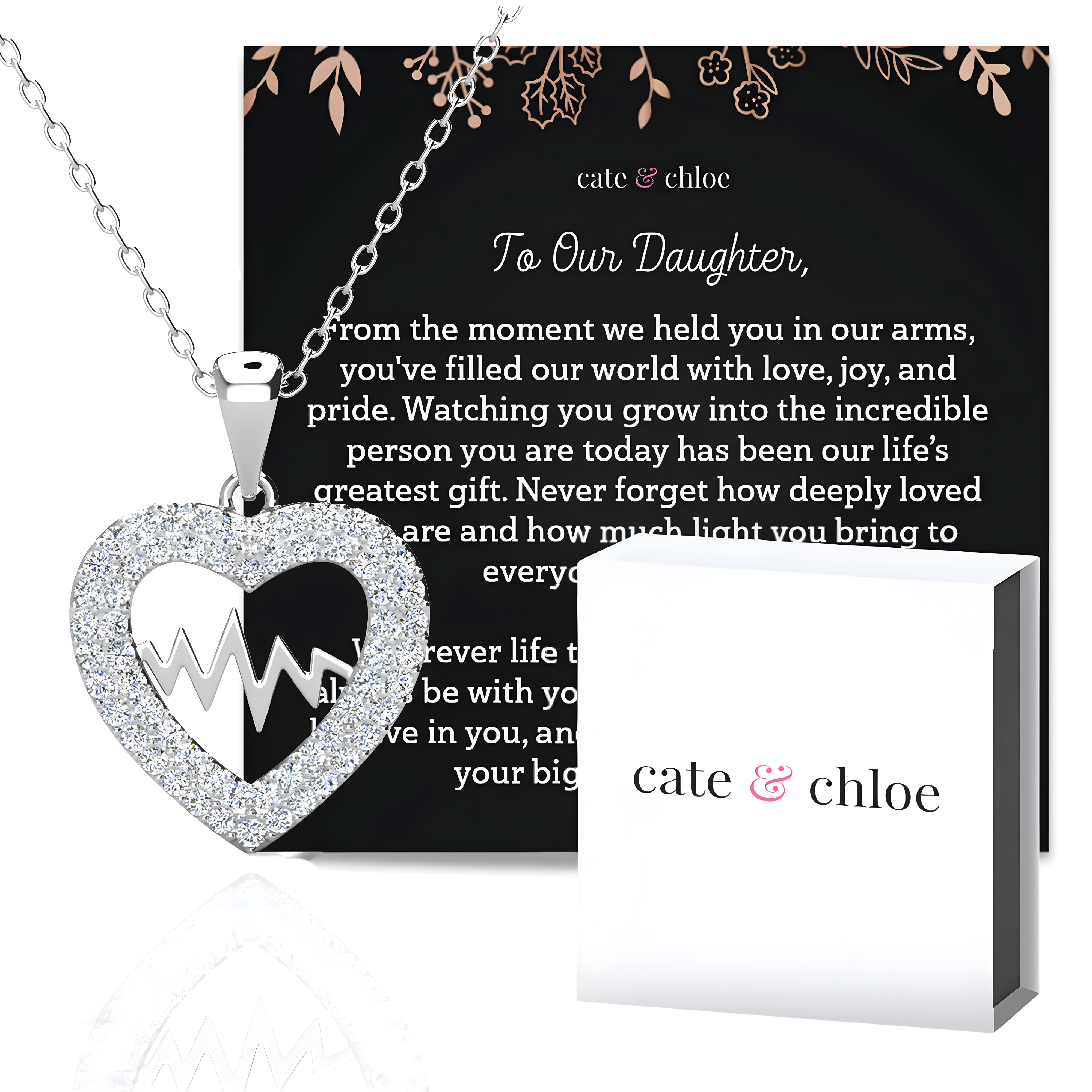 Molly 18k White Gold Plated Heart Necklace with Swarovski Crystals & Heartfelt Message for Daughter