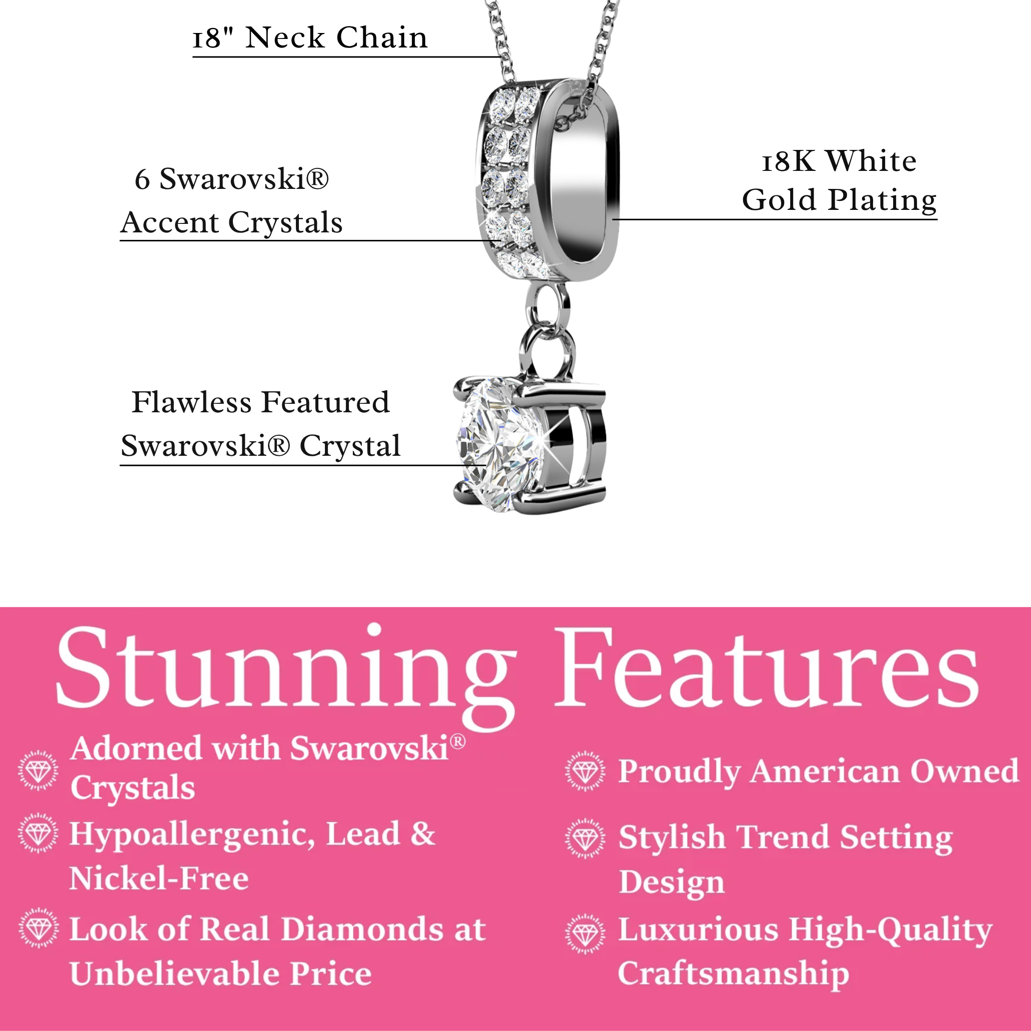 Monroe 18k White Gold Pendant Necklace with Round Cut Swarovski Crystals