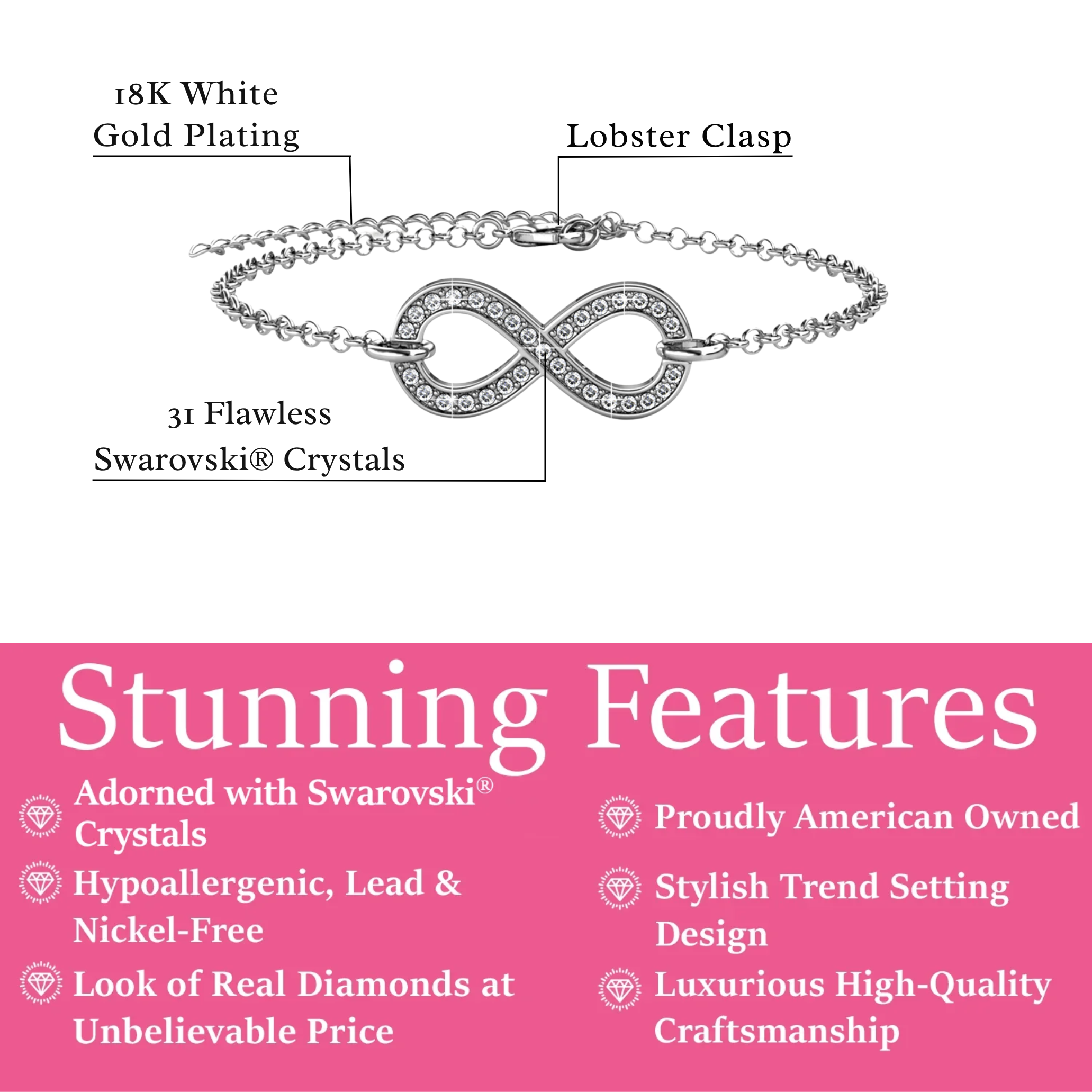 Morgan 18k White Gold Plated Infinity Bracelet with Swarovski Crystals - FAB FAV