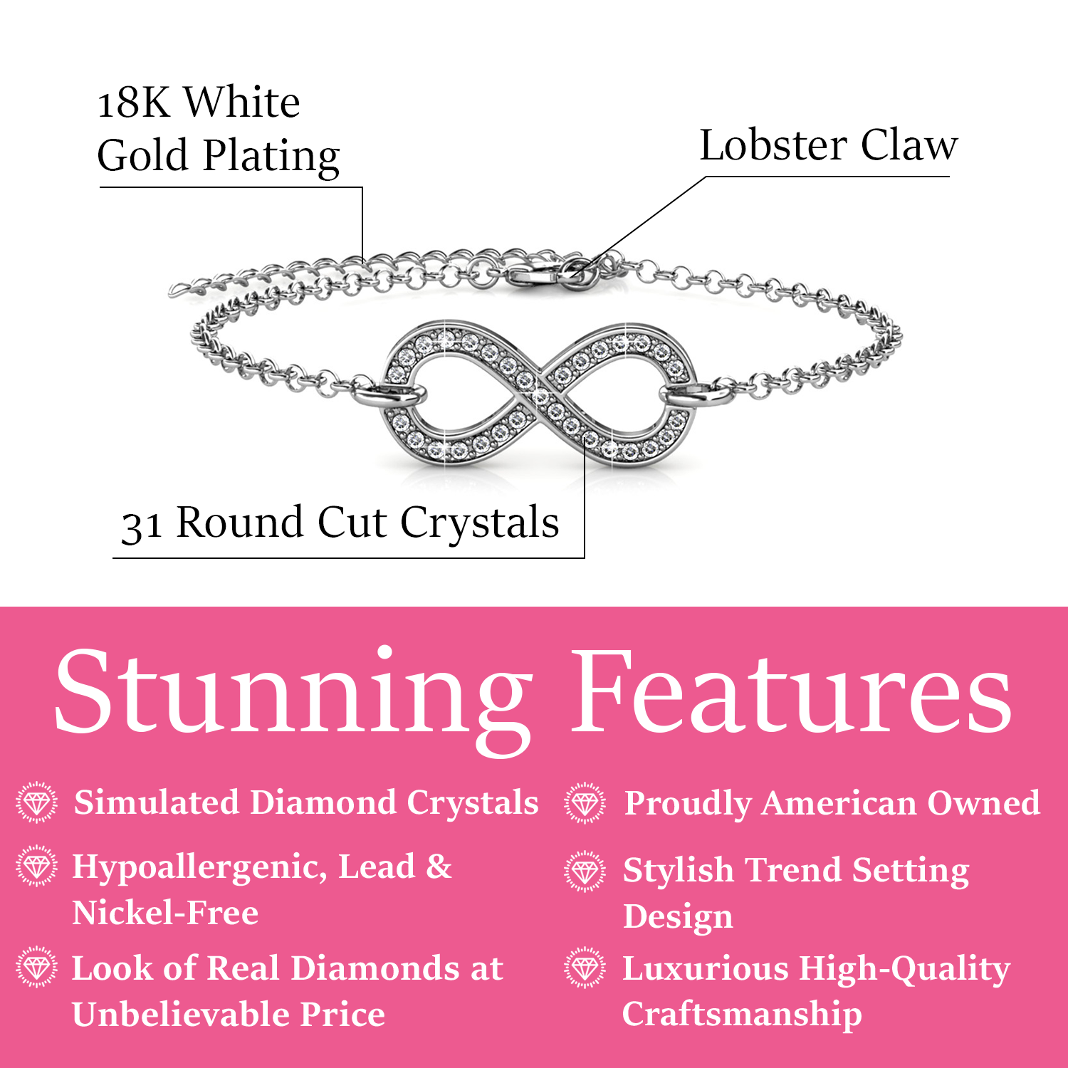 Morgan 18k White Gold Plated Crystal Infinity Bracelet
