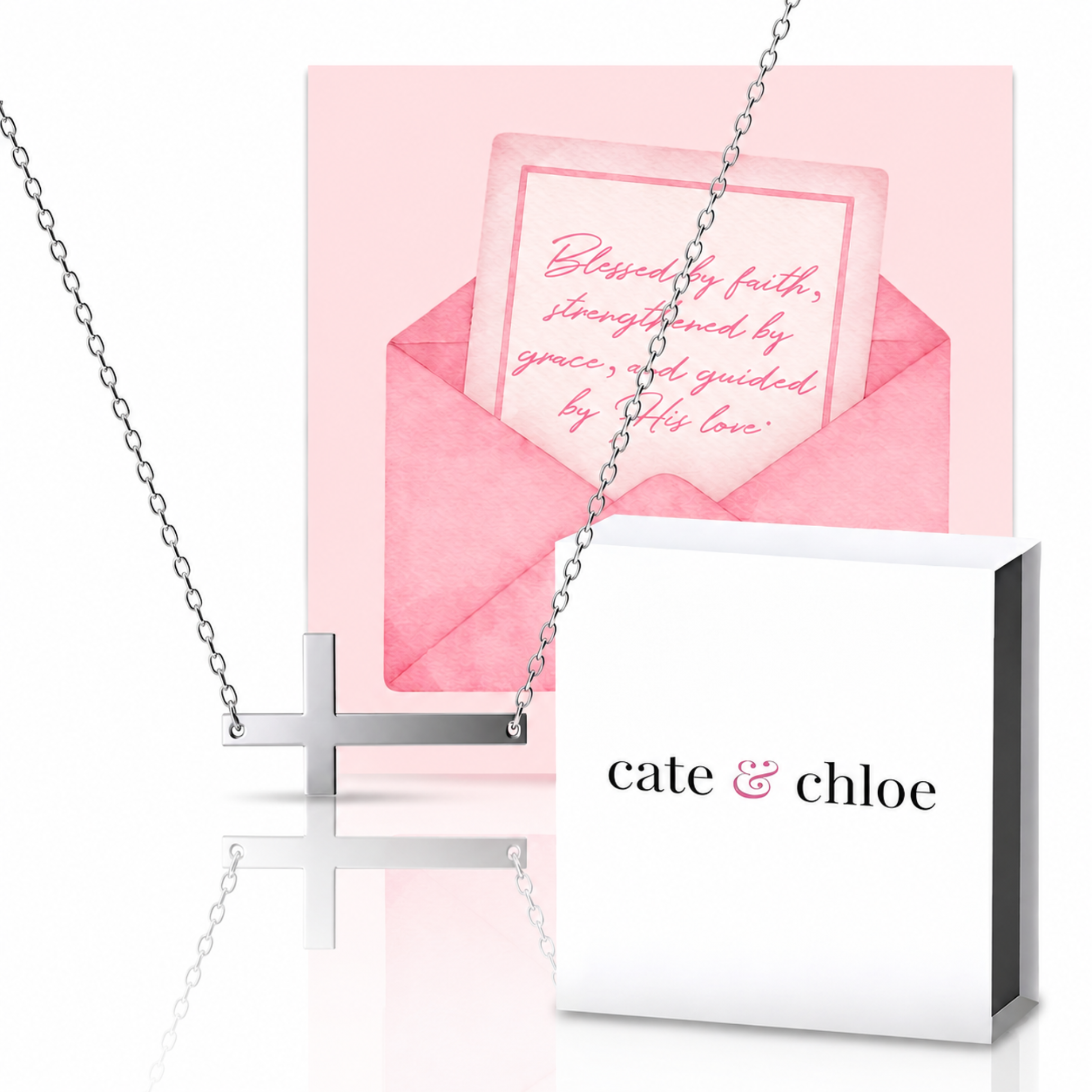Nancy 18k White Gold Plated Cross Necklace & Blessed by Faith Pink Envelope Card