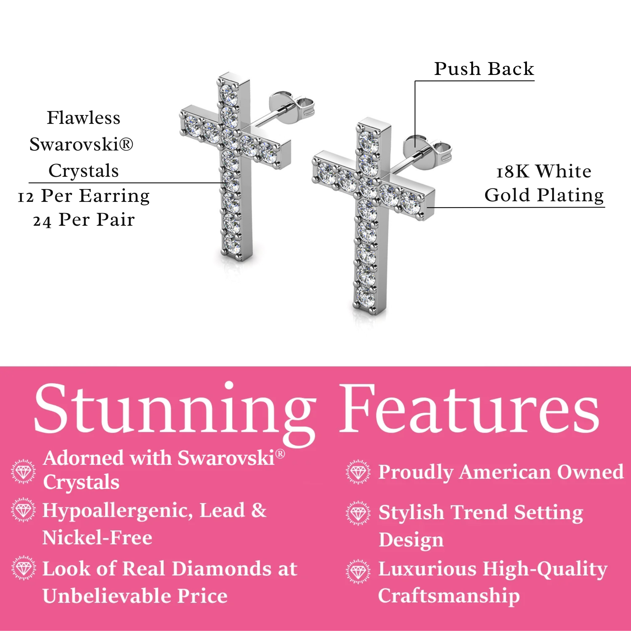 Nayeli 18k White Gold Plated Silver Cross Stud Earrings with Swarovski Crystals