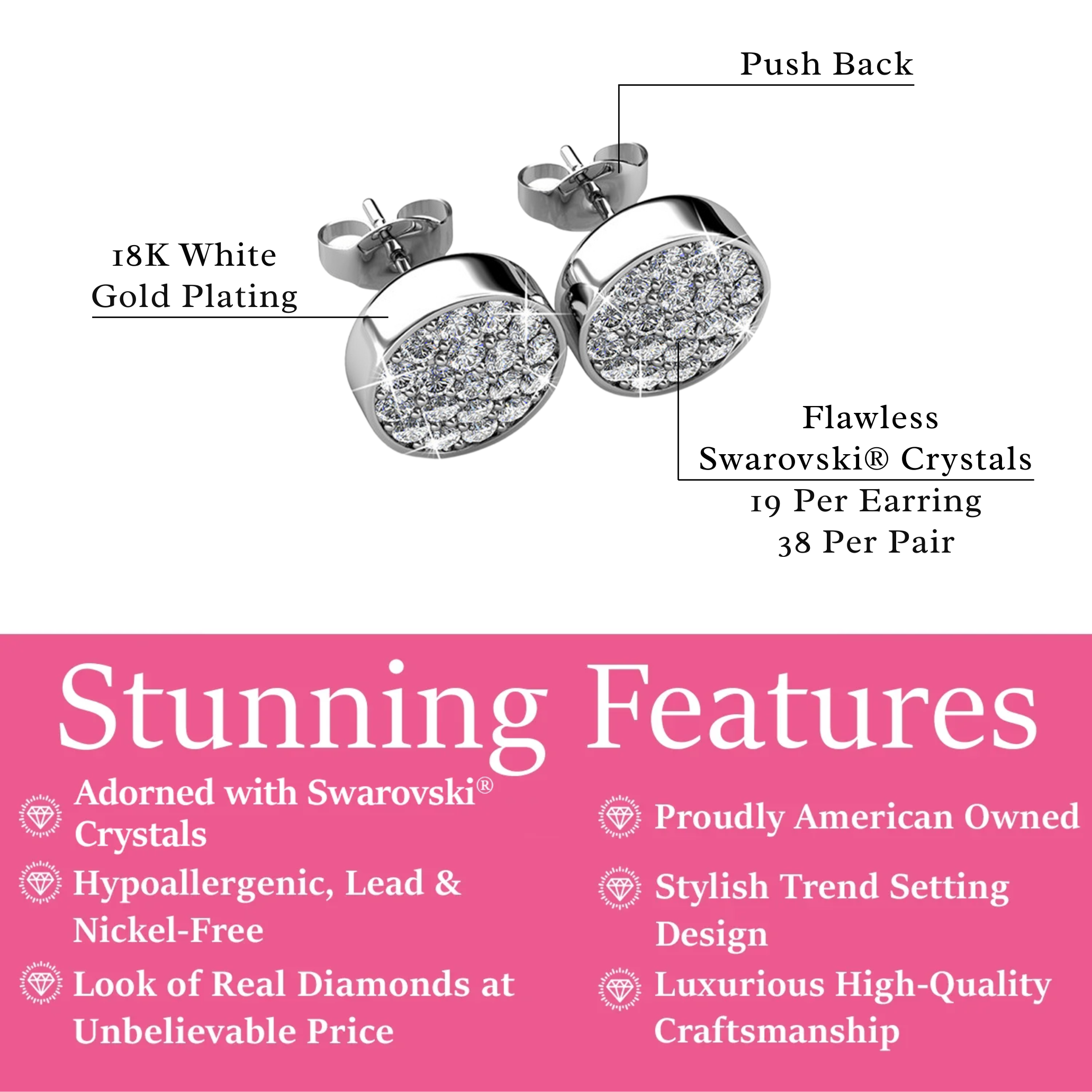 Nelly 18k White Gold Plated Pave Stud Earrings with Swarovski Crystals