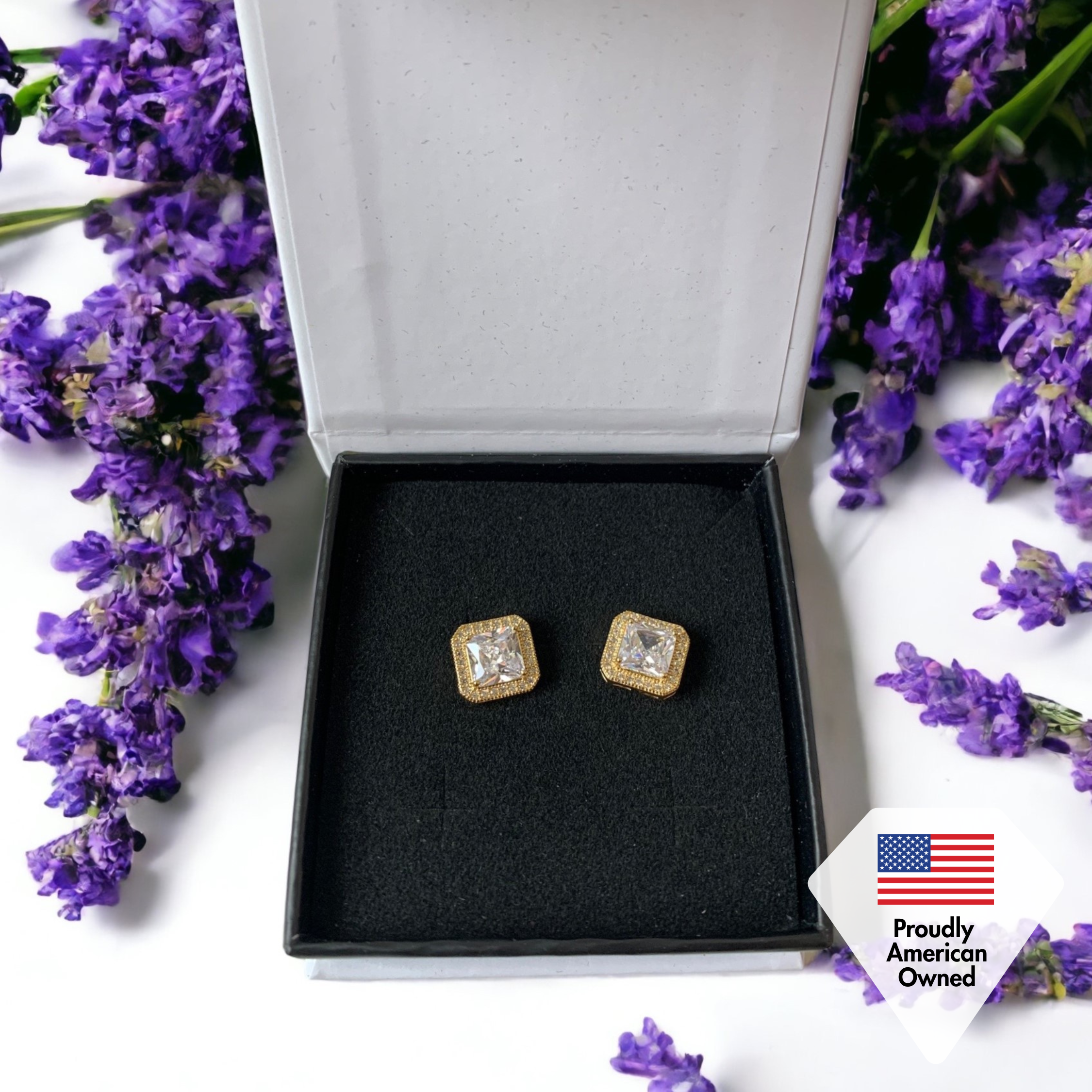 Londyn 18k White Gold Plated Princess Cut Halo Stud Earrings with Simulated Diamond Crystals