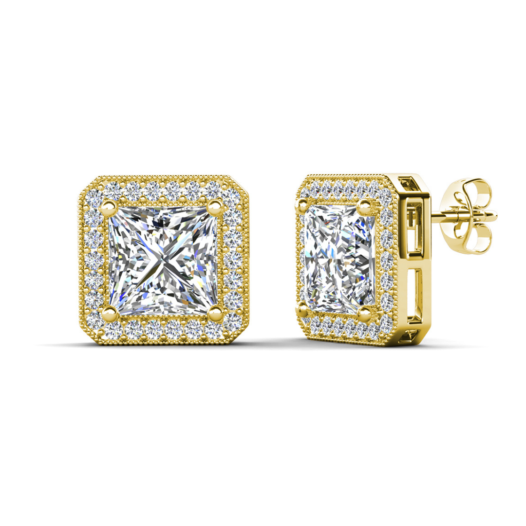 Londyn 18k White Gold Plated Princess Cut Halo Stud Earrings with Simulated Diamond Crystals