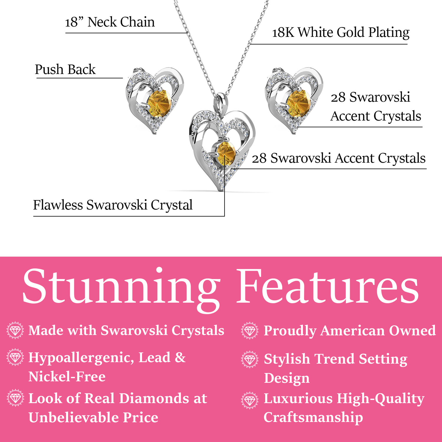 Forever Birthstone 18k White Gold Plated Silver Double Heart Earrings and Necklace Set with Swarovski Crystals