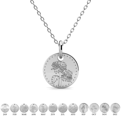 Floral 18k White Gold Plated Engraved Birth Month Flower Pendant Necklace - November - Chrysanthemum