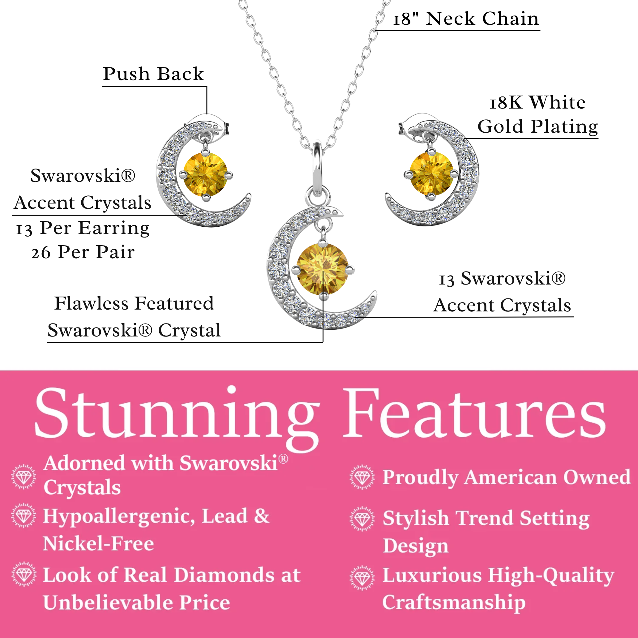 Luna Birthstone 18k White Gold Plated Silver Crescent Earrings and Necklace Set with Swarovski Crystals