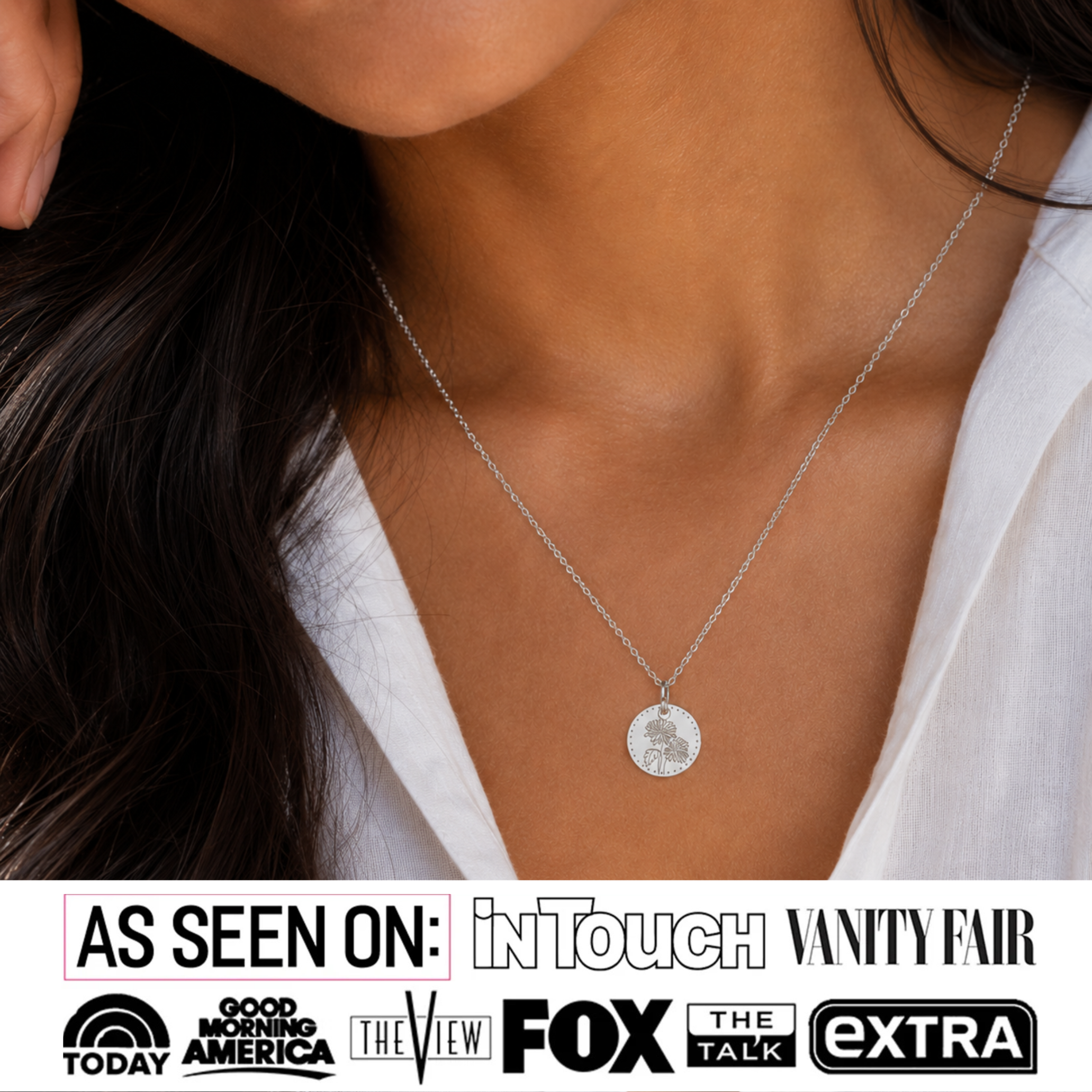 Floral 18k White Gold Plated Engraved Birth Month Flower Pendant Necklace