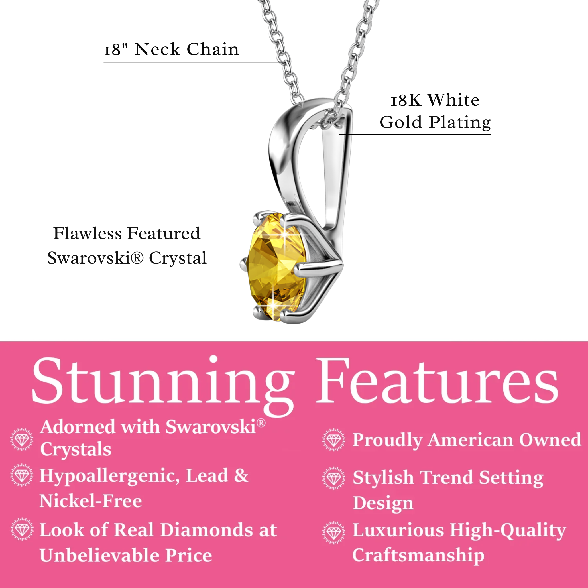Birthstone Necklace 18k White Gold Plated Solitaire Necklace with 1ct Swarovski Crystal