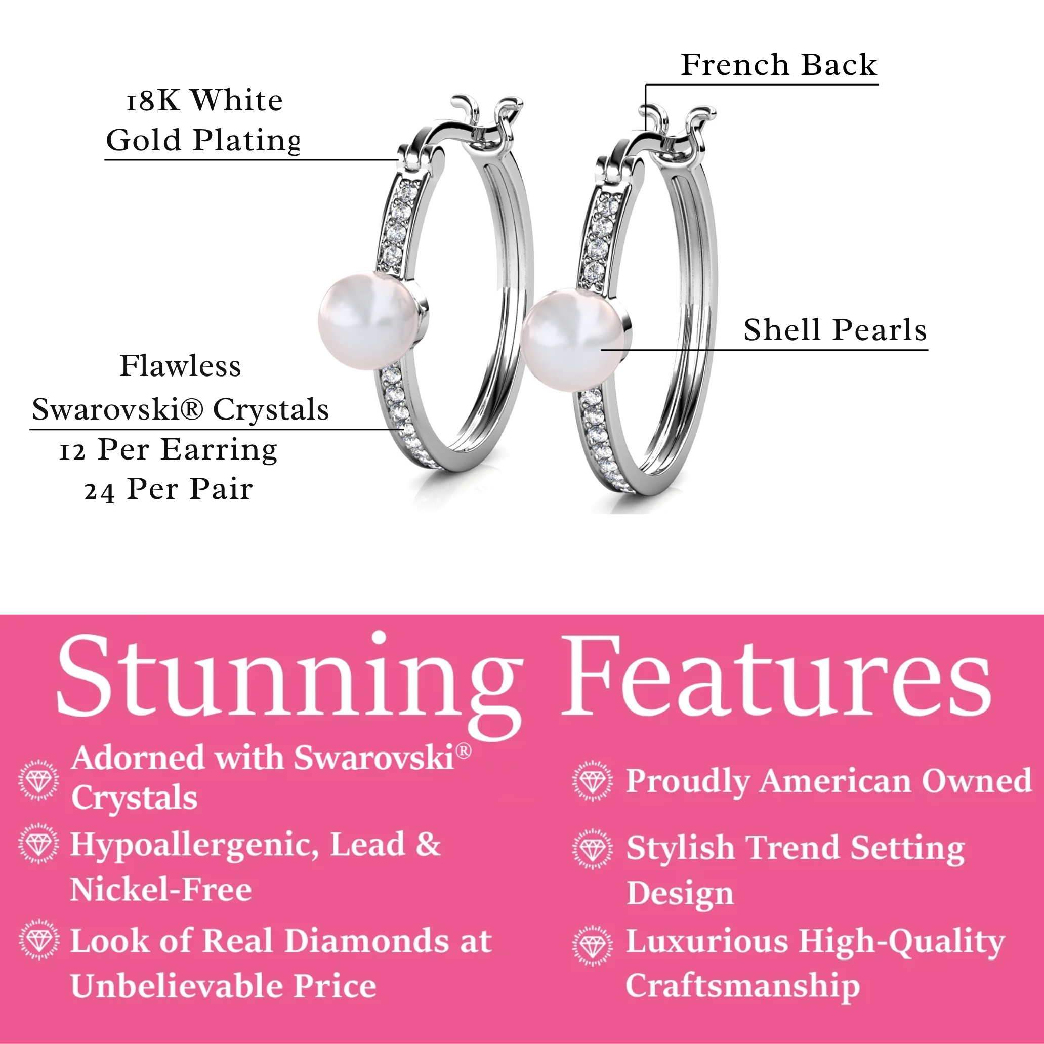 Nyla 18k White Gold Plated 22mm Pearl Hoop Earrings with Swarovski Crystals
