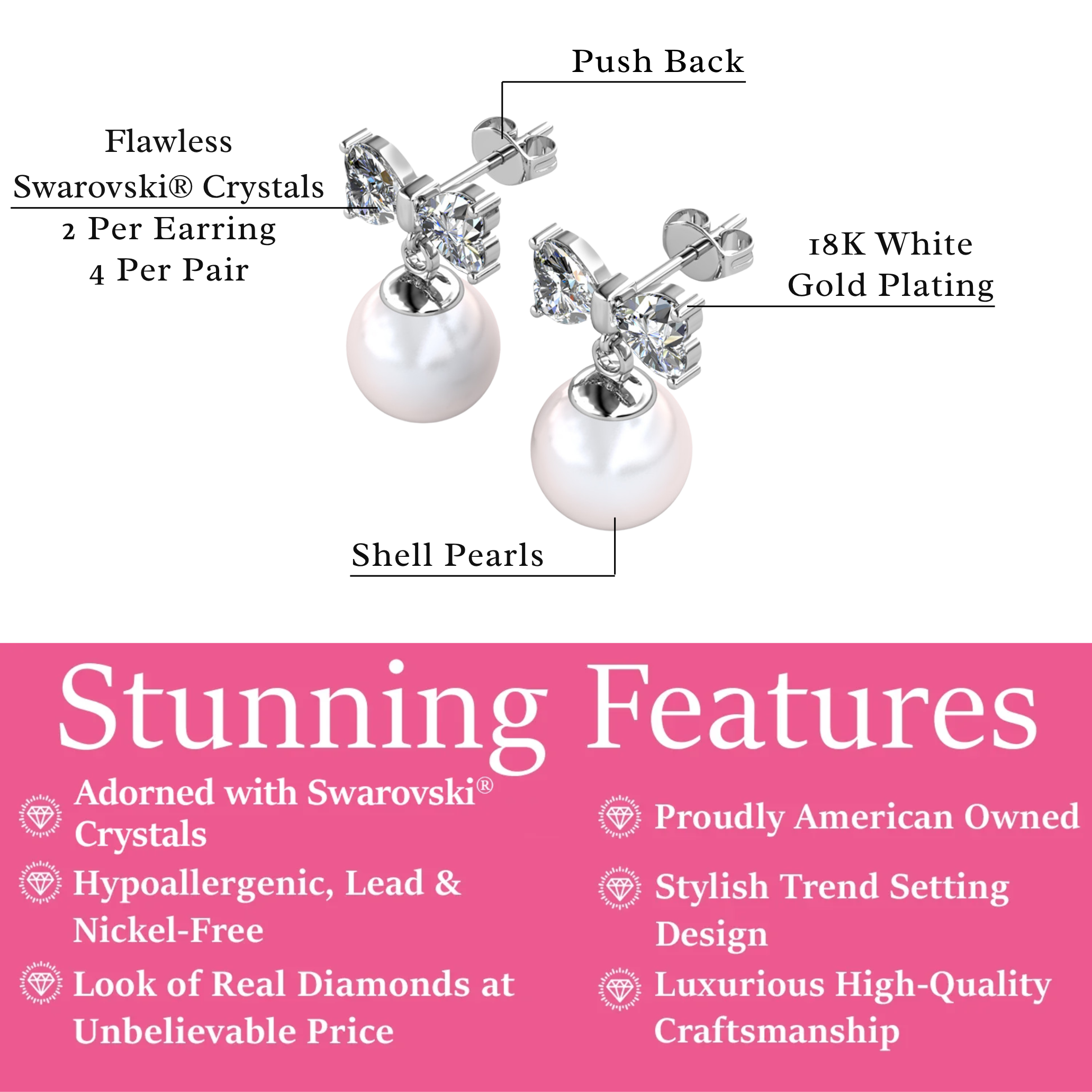 Oakley 18k White Gold Plated Silver Drop Pearl Earrings with Swarovski Crystals