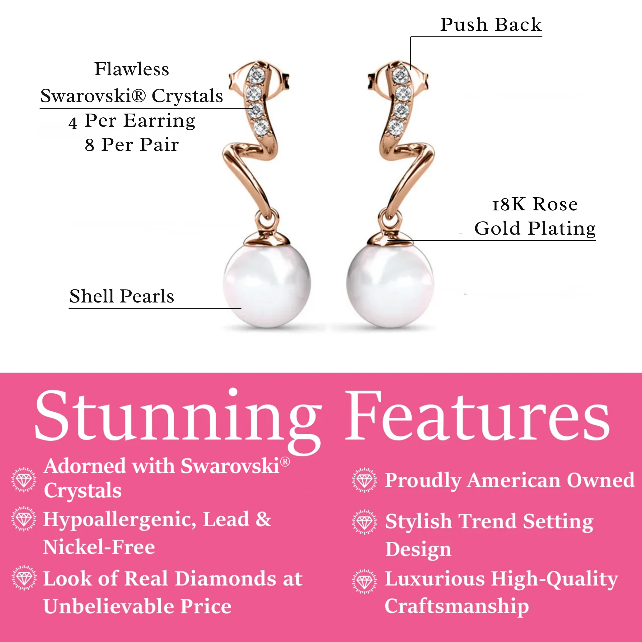 Ophelia 18k White Gold Plated Dangle Pearl Earrings with Swarovski Crystals