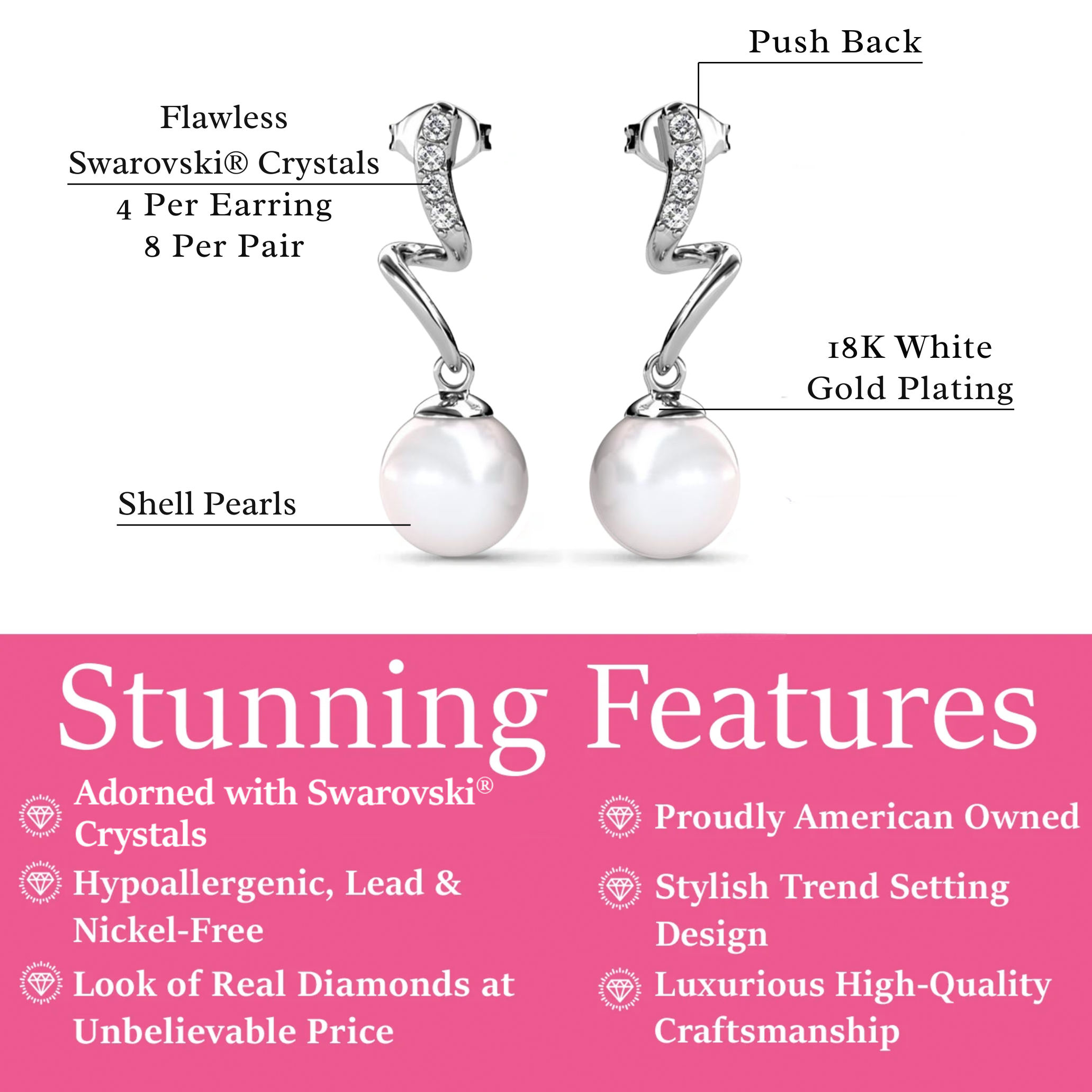 Ophelia 18k White Gold Plated Dangle Pearl Earrings with Swarovski Crystals