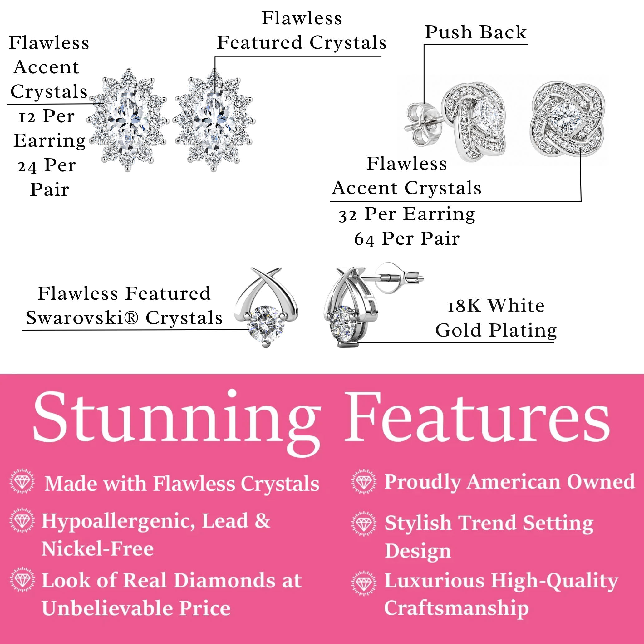 Eloise, Stella, Sage 18k White Gold Plated Stud Earrings for Women  (3 Pair Set)