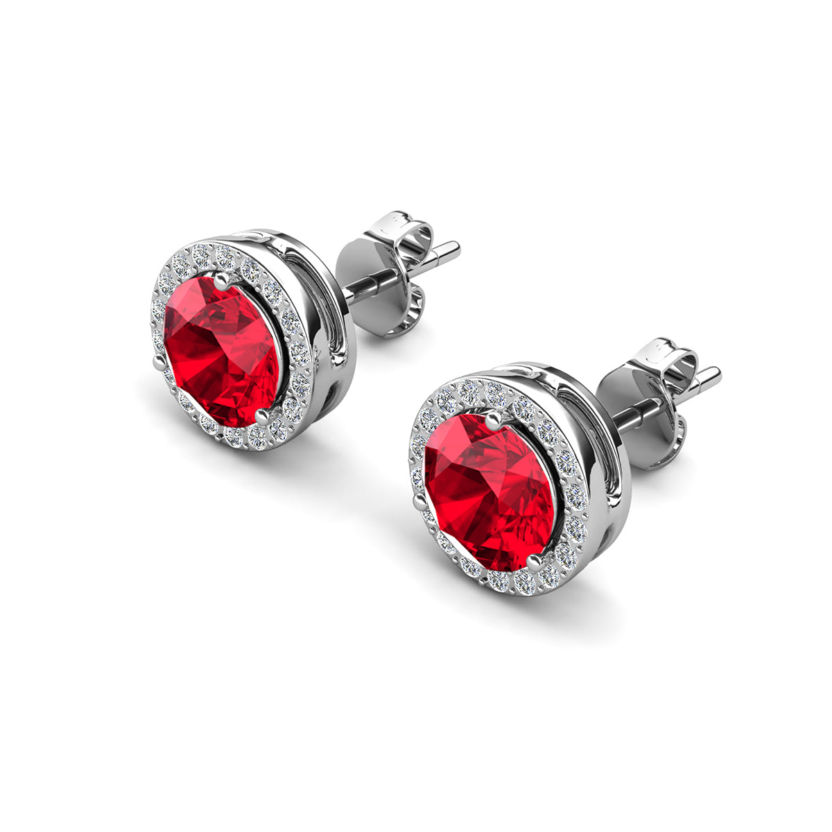 Royal 18k White Gold Plated July Birthstone Halo Earrings with Round Cut Ruby Red Swarovski Crystals