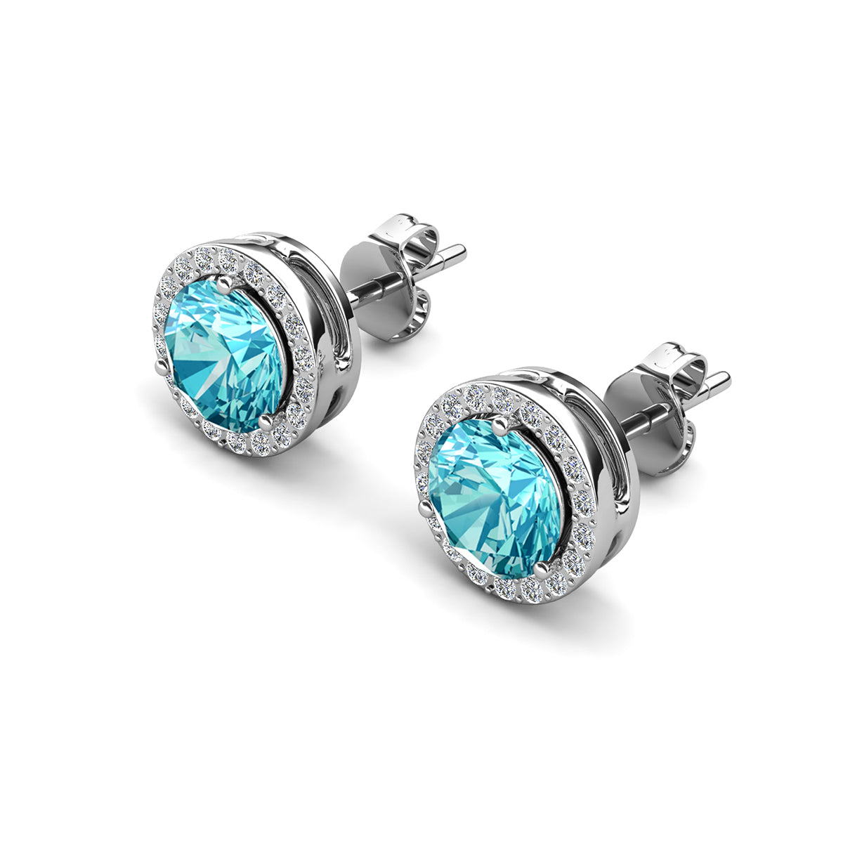 Royal 18k White Gold Plated March Birthstone Halo Earrings with Round Cut Aquamarine Swarovski Crystals