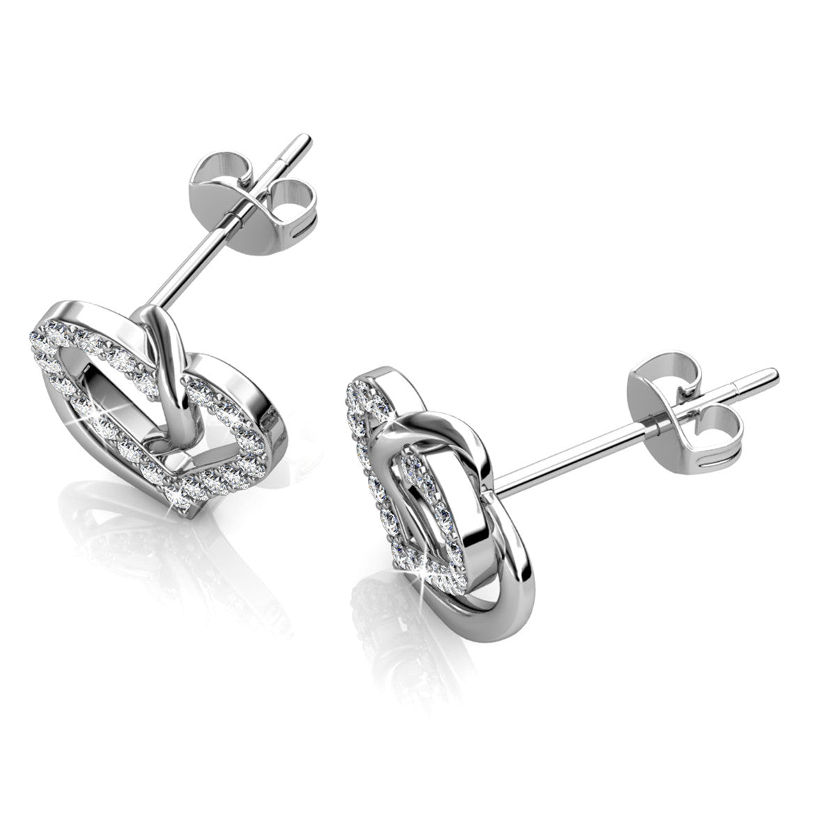 Angela 18k White Gold Plated Silver Double Heart Stud Earrings with Swarovski Crystals