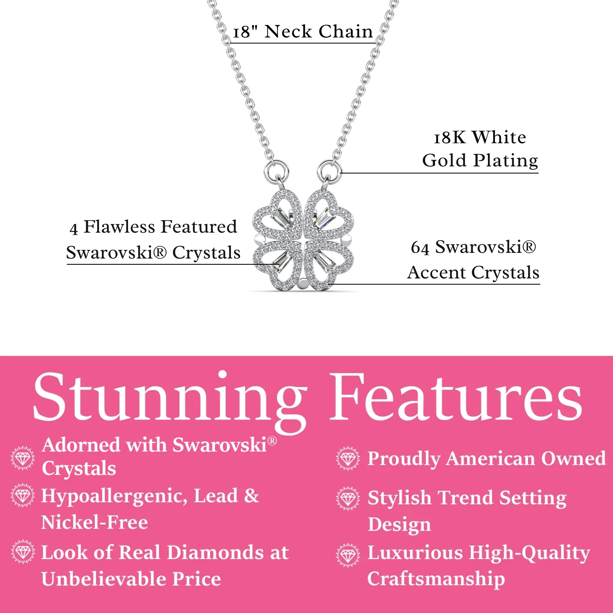 Posie 18k White Gold Plated Heart Clover Necklace & Kindness and Light Pink Paint Card