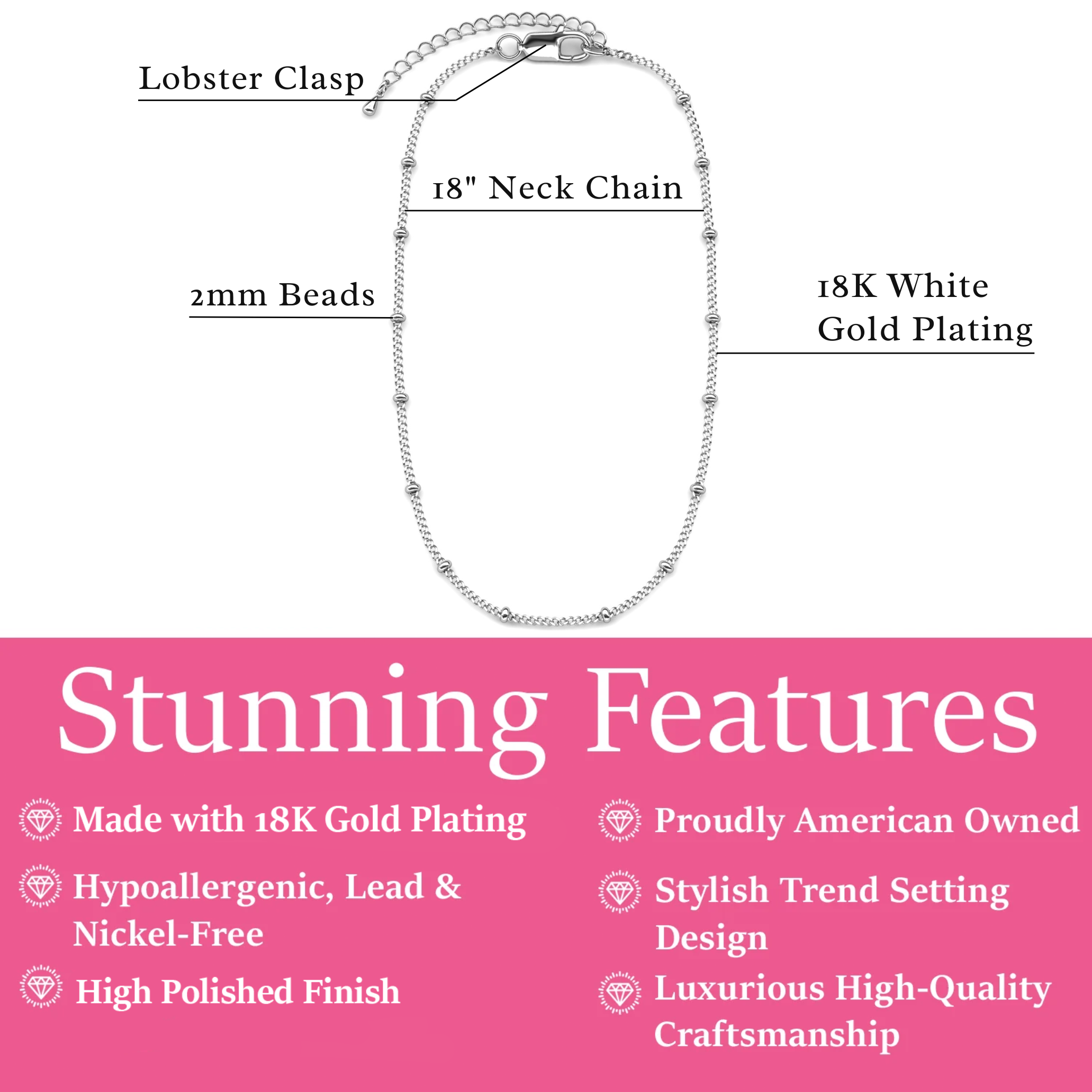 Pria 18k White Gold Plated Bead Station Chain Necklace