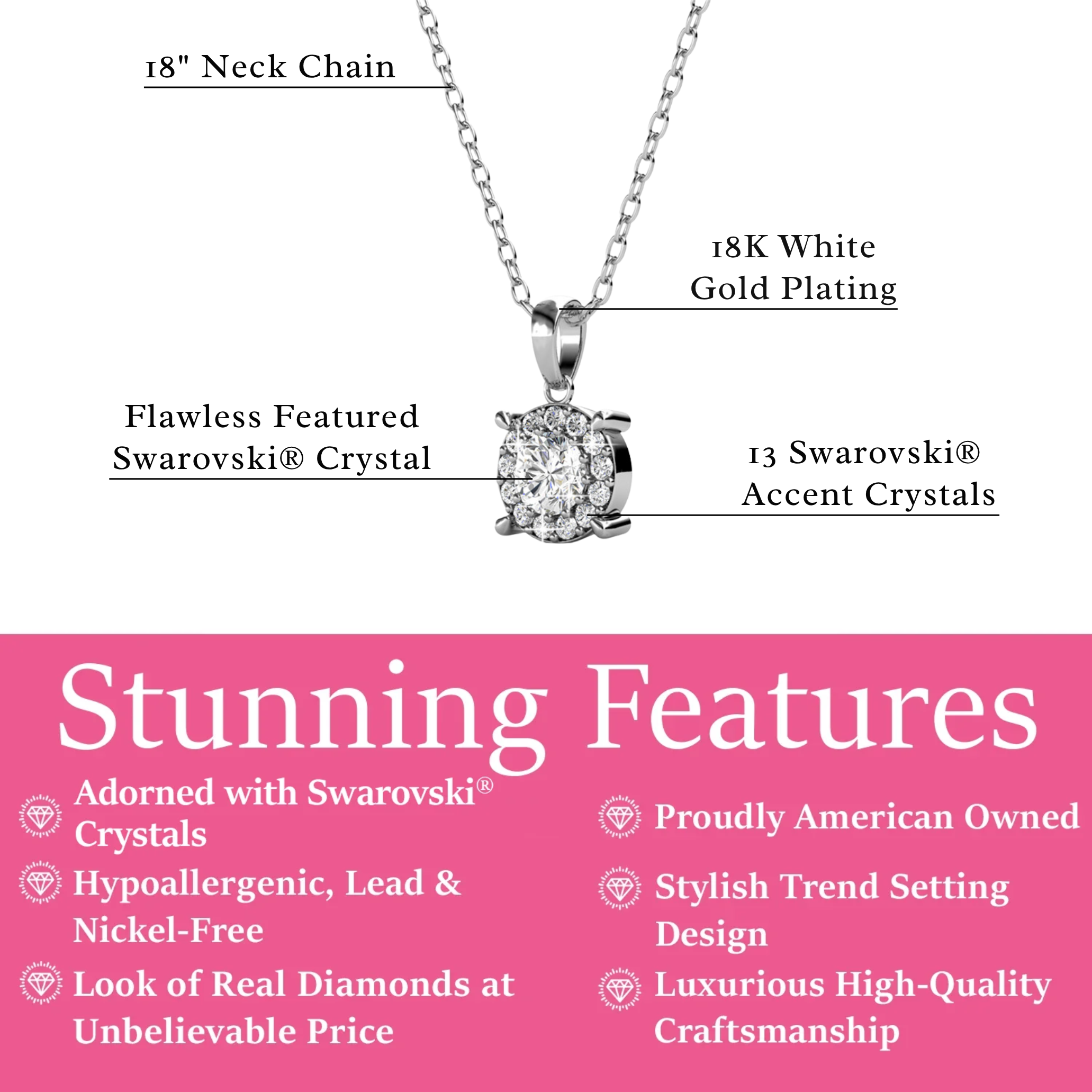 Raylee 18k White Gold Plated Halo Pendant Necklace with Swarovski Crystals