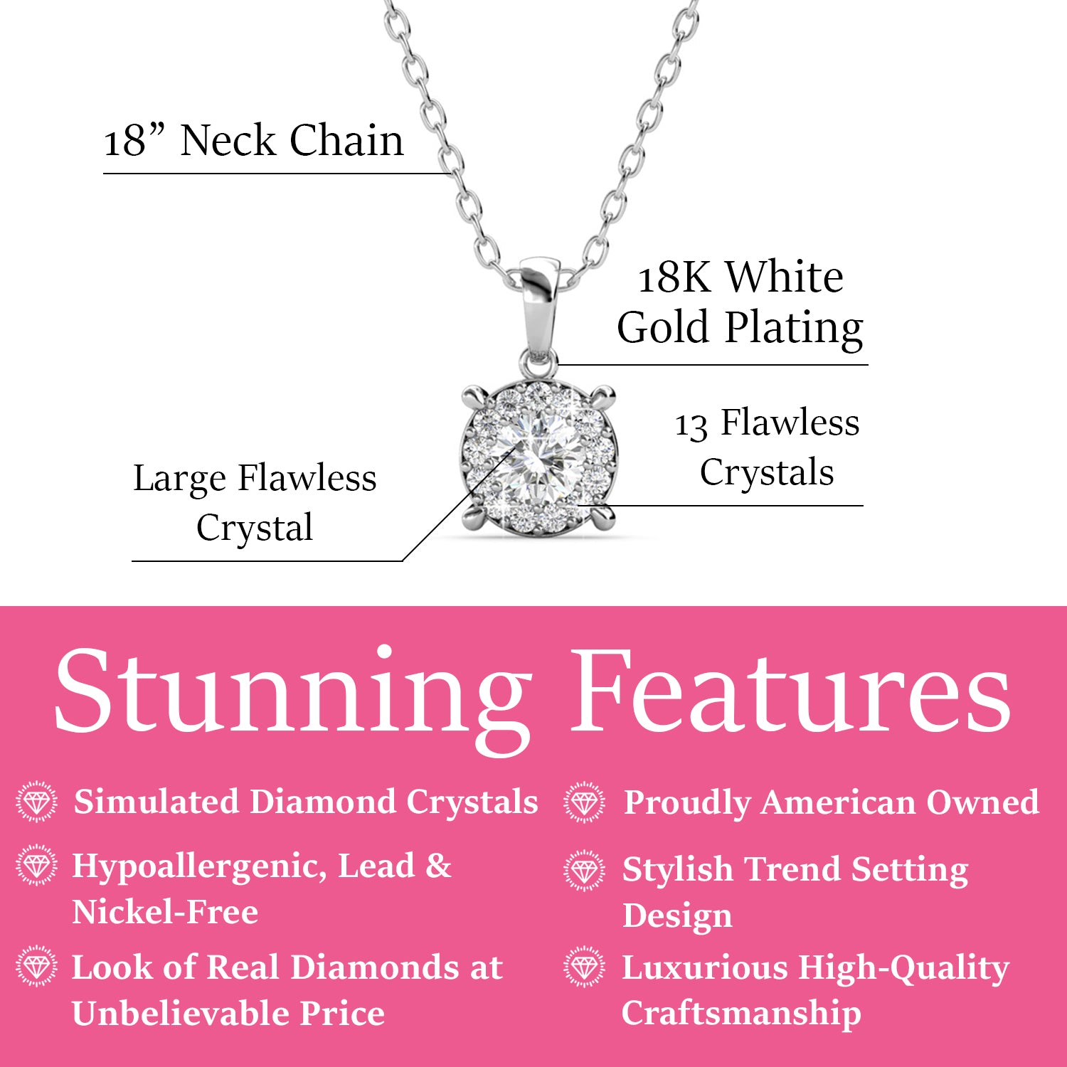 Raylee 18k White Gold Plated Necklace and Earrings Jewelry Set with Round Cut Solitaire Swarovski Crystal
