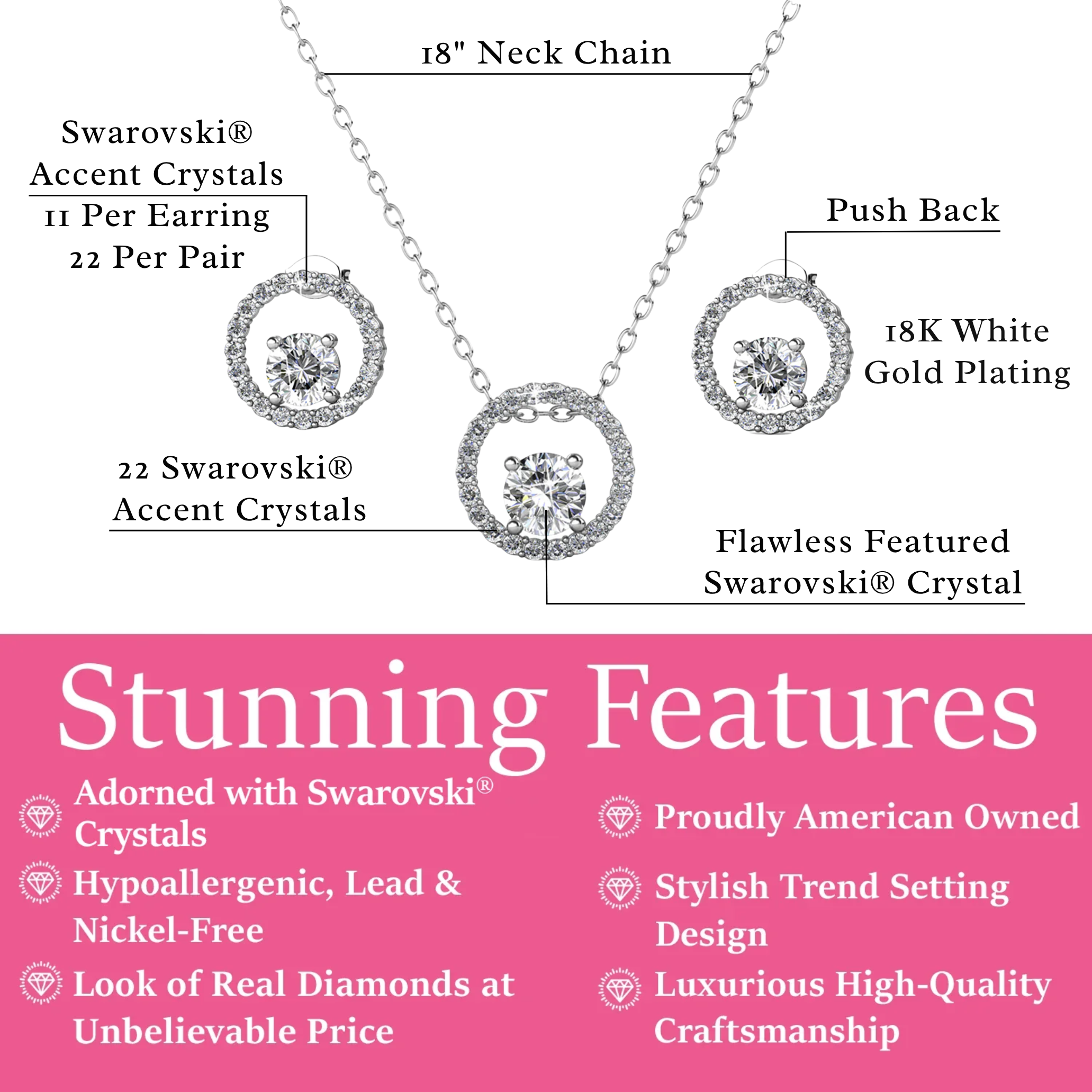 Reign 18k White Gold Plated Halo Necklace and Earrings Jewelry Set with Swarovski Crystals