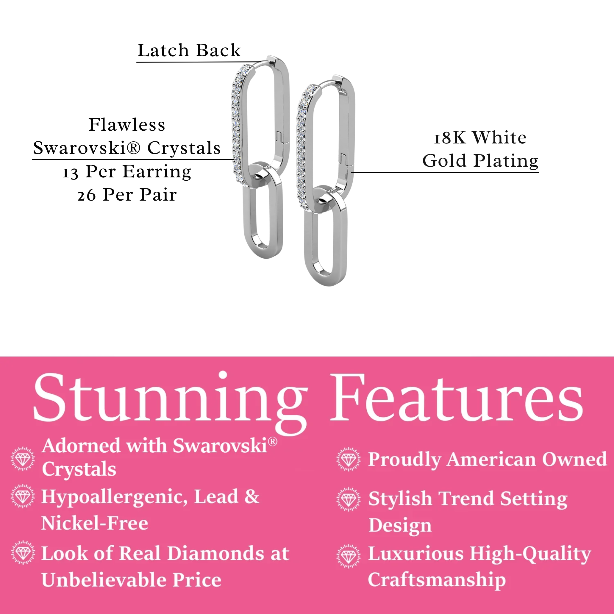 Remington 18k White Gold Plated Dangle Chain Link Earrings with Swarovski Crystals