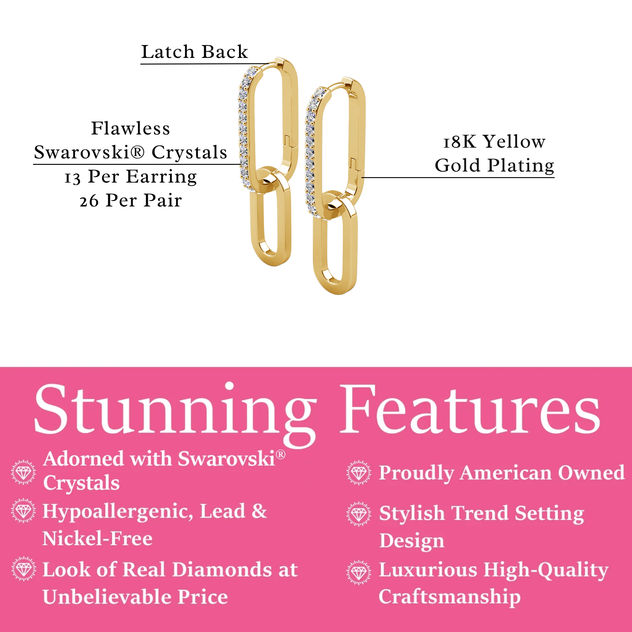Remington 18k White Gold Plated Dangle Chain Link Earrings with Swarovski Crystals