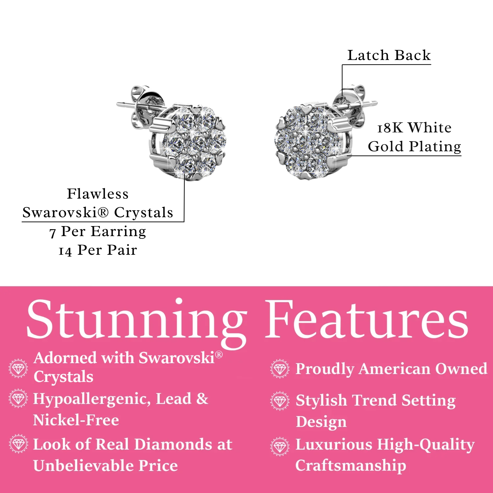 Remy 18k White Gold Plated Stud Earrings with Heart Accents and Swarovski Crystals