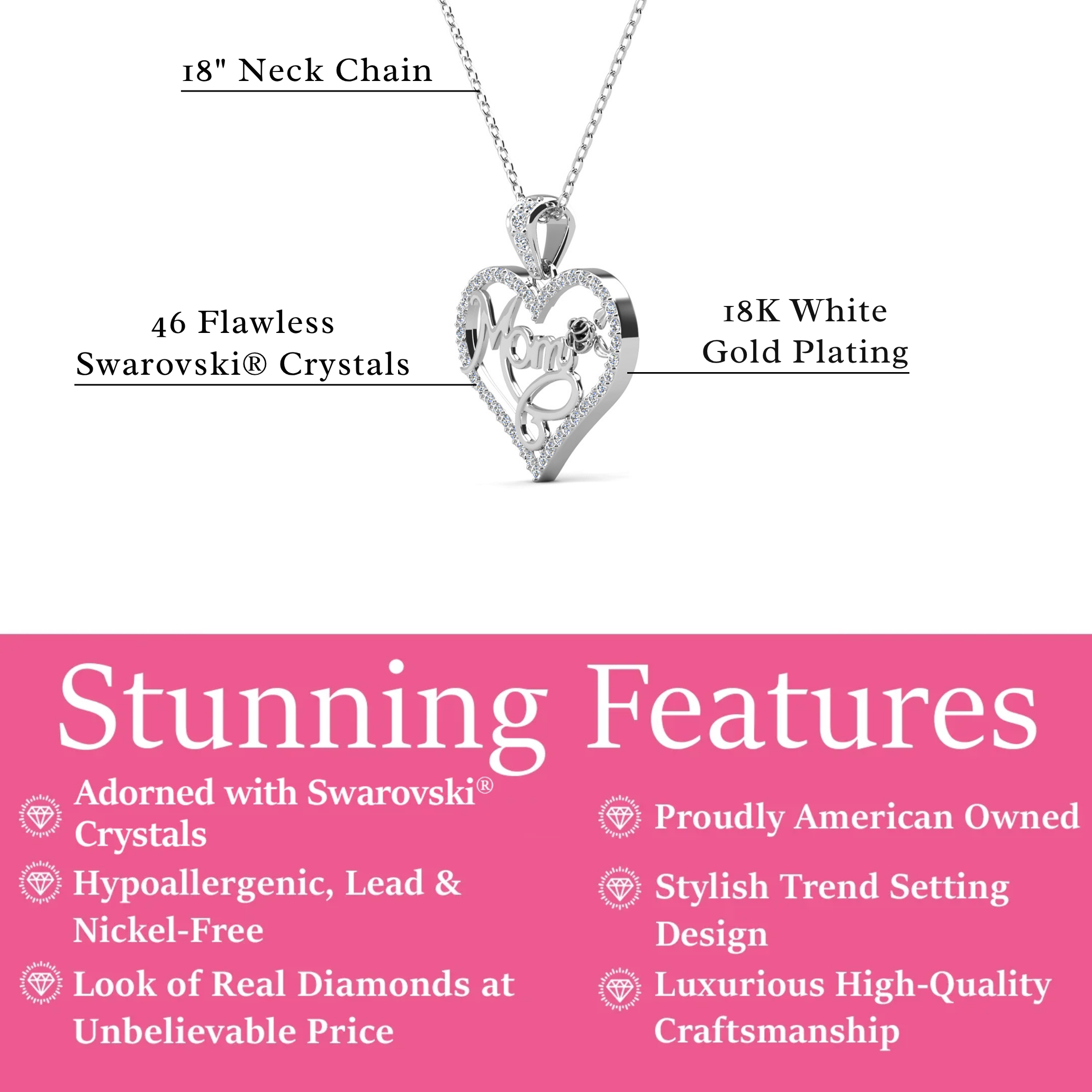 Rhonda 18k White Gold Plated Necklace with Swarovski Crystals & Heartfelt Message for Mom