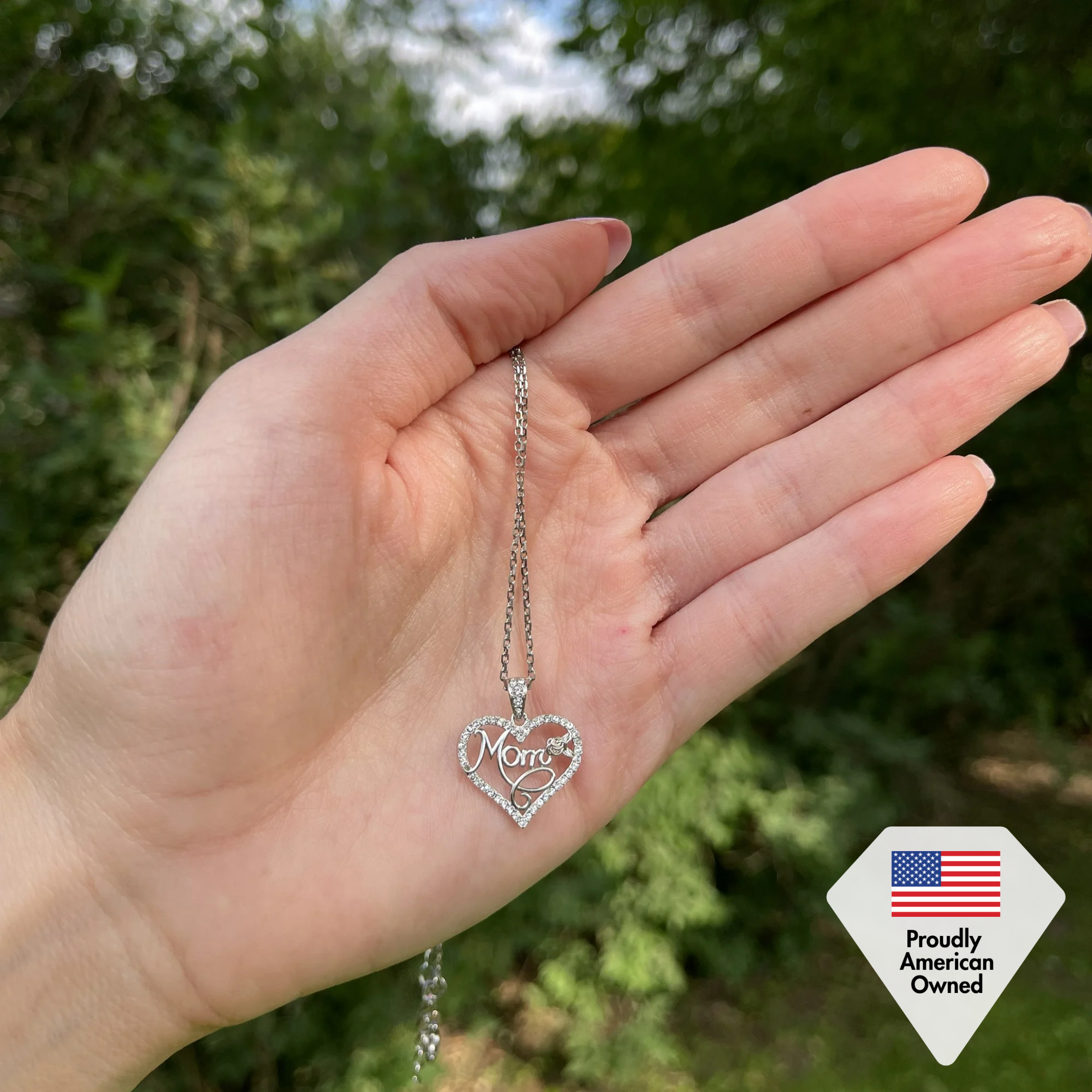 Rhonda 18k White Gold Plated Mom Heart Necklace with Swarovski Crystals