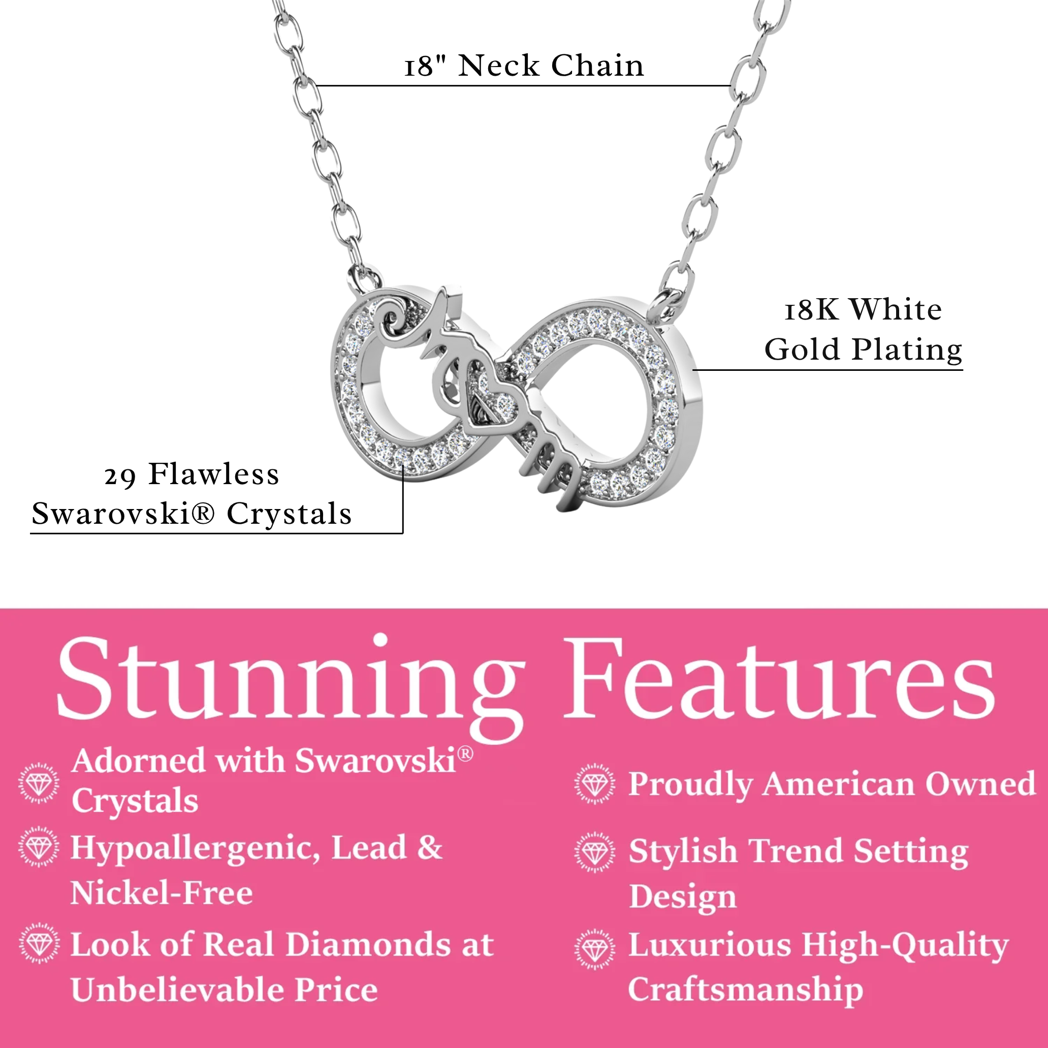 Robin 18k White Gold Plated Infinity Necklace with Swarovski Crystals & Heartfelt Message for Mom