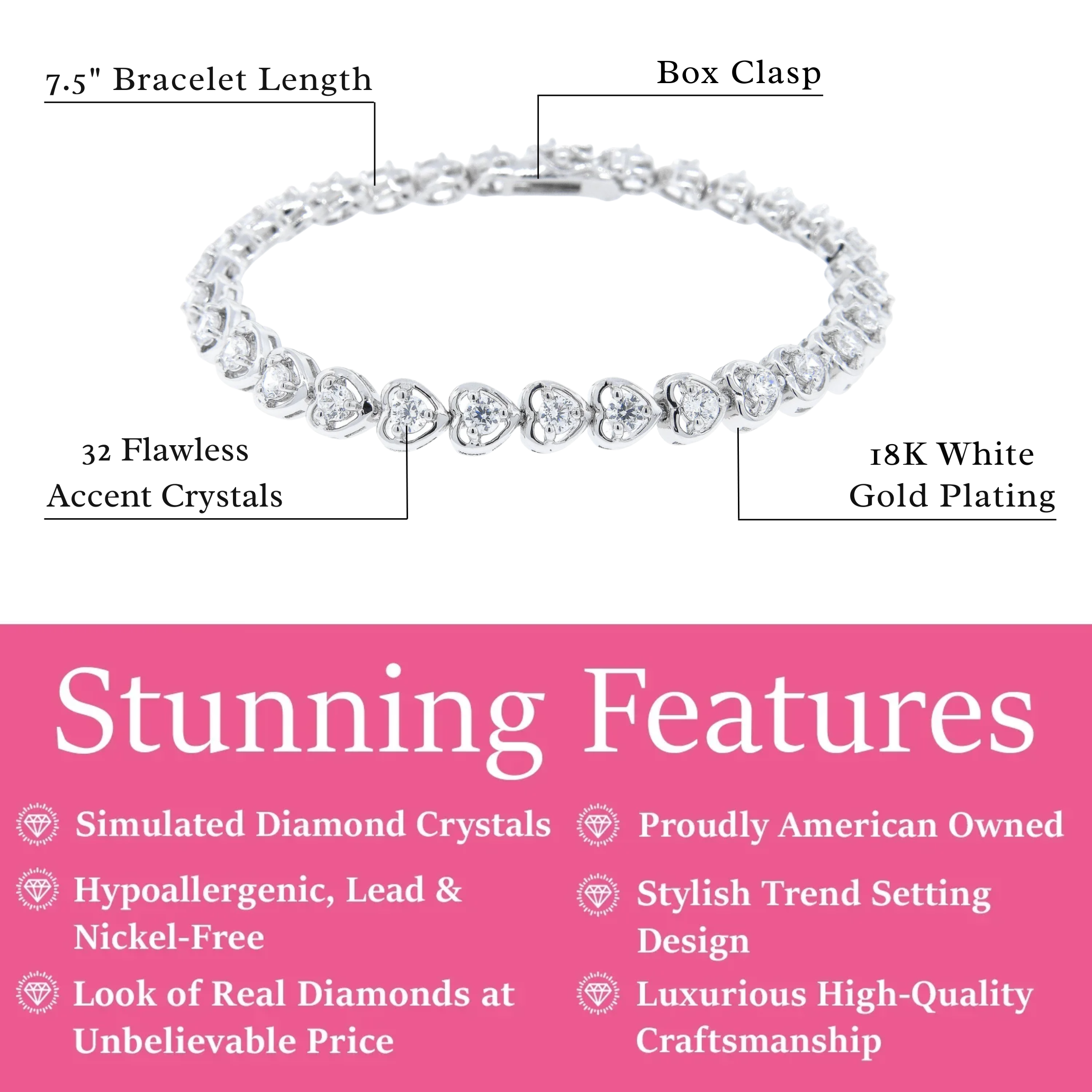 Rosalie 18k White Gold Plated Heart Tennis Bracelet with Simulated Diamond Crystals