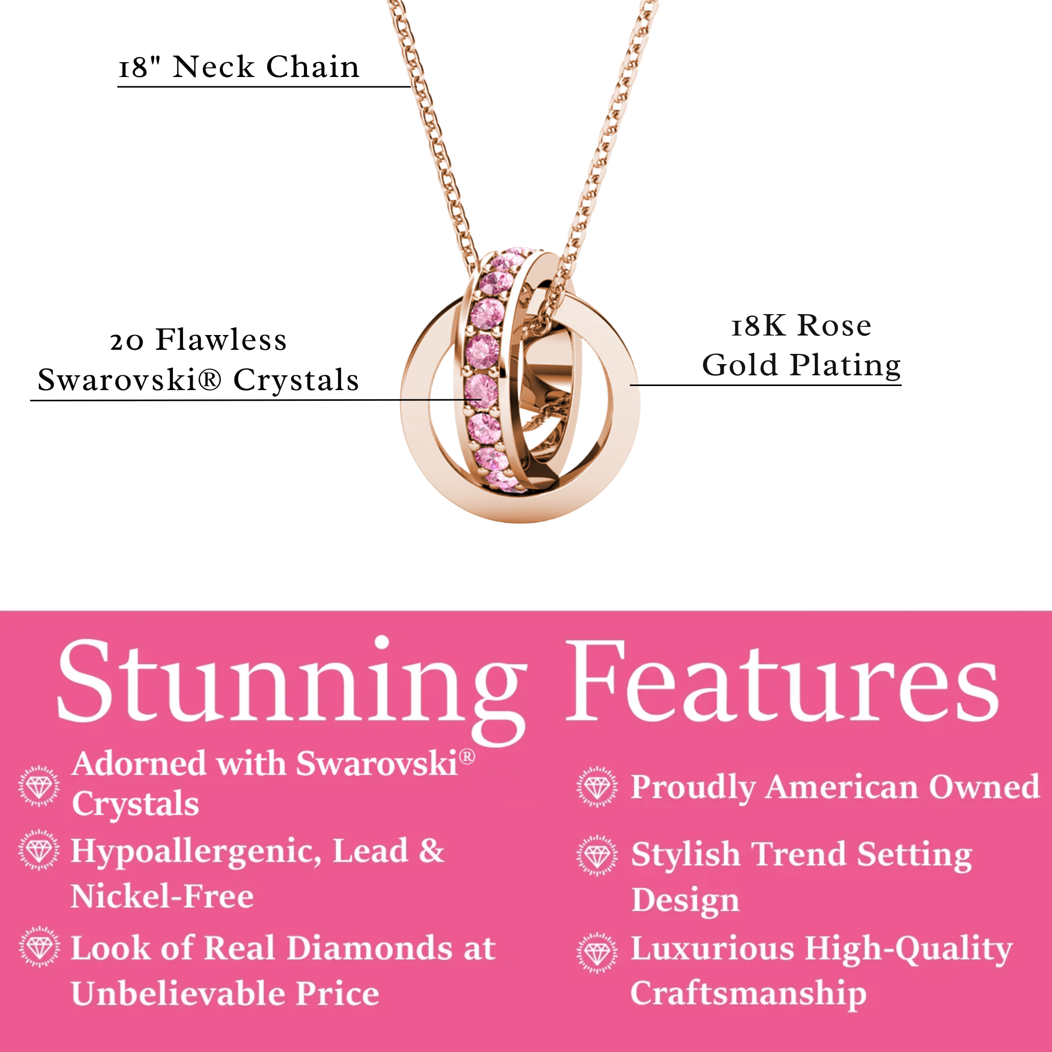 Rosie 18k Rose Gold Plated Pendant Necklace with Pink Swarovski Crystals - FAB FAV
