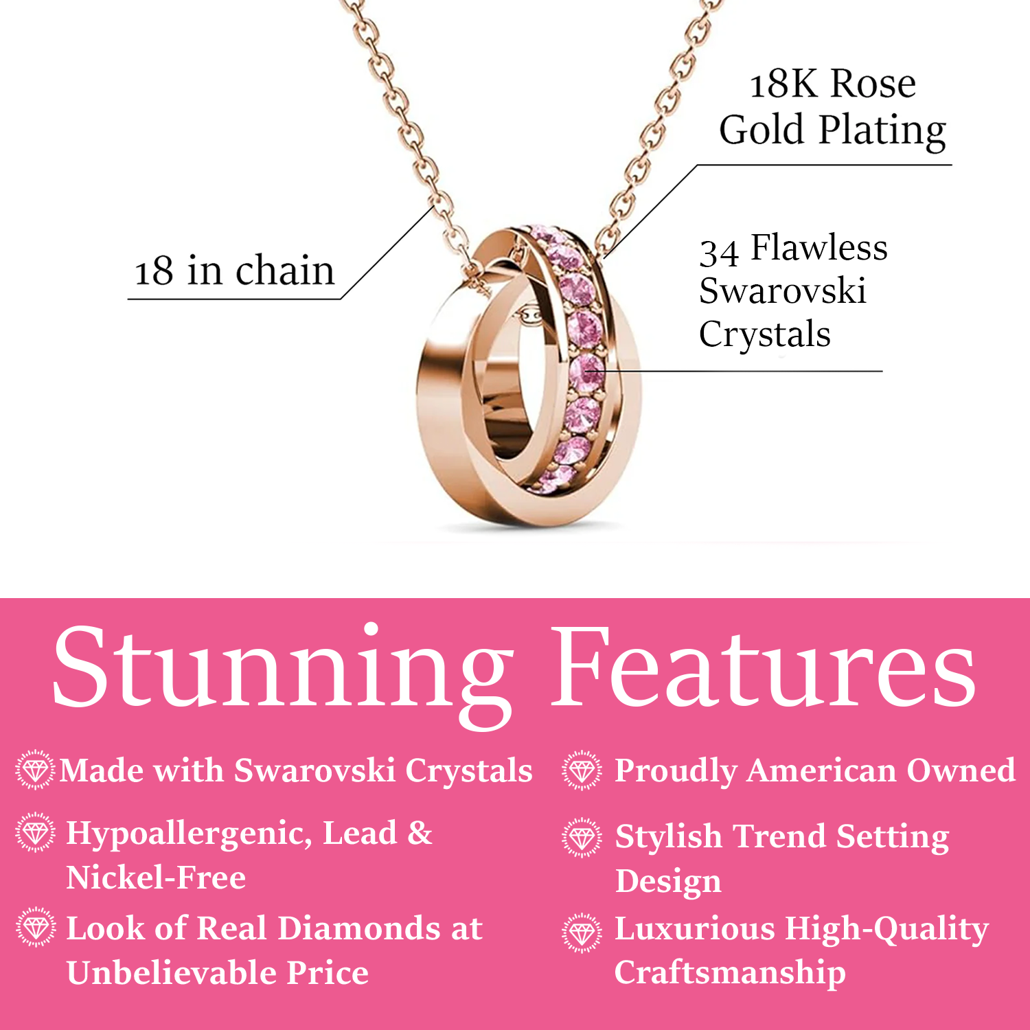 Rosie 18k Rose Gold Plated Pendant Necklace with Pink Swarovski Crystals