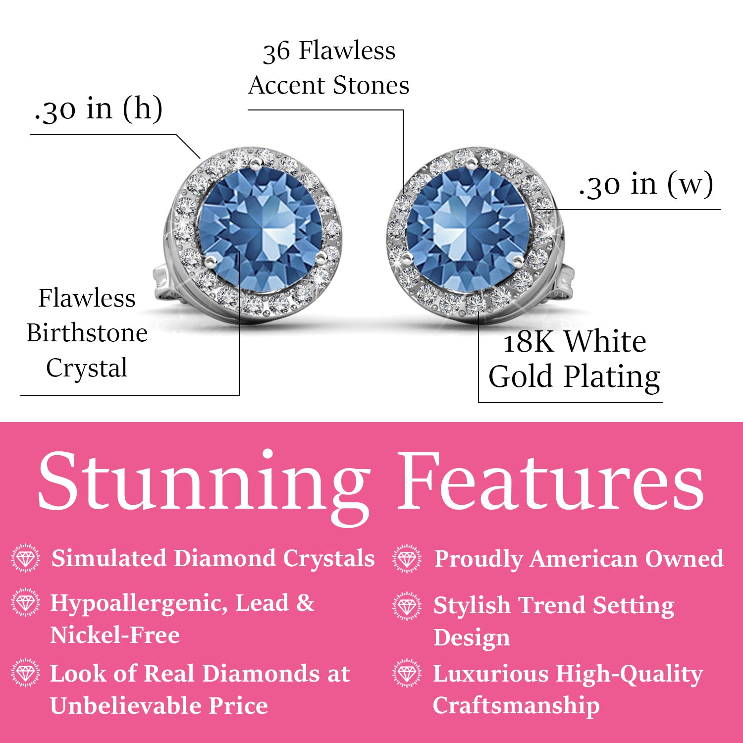Royal December Birthstone Blue Topaz Earrings, 18k White Gold Plated Silver Halo Earrings with Round Cut Crystals