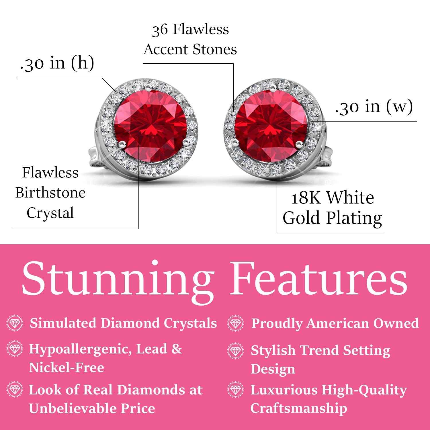 Royal July Birthstone Ruby Earrings, 18k White Gold Plated Silver Halo Earrings with Round Cut Crystals