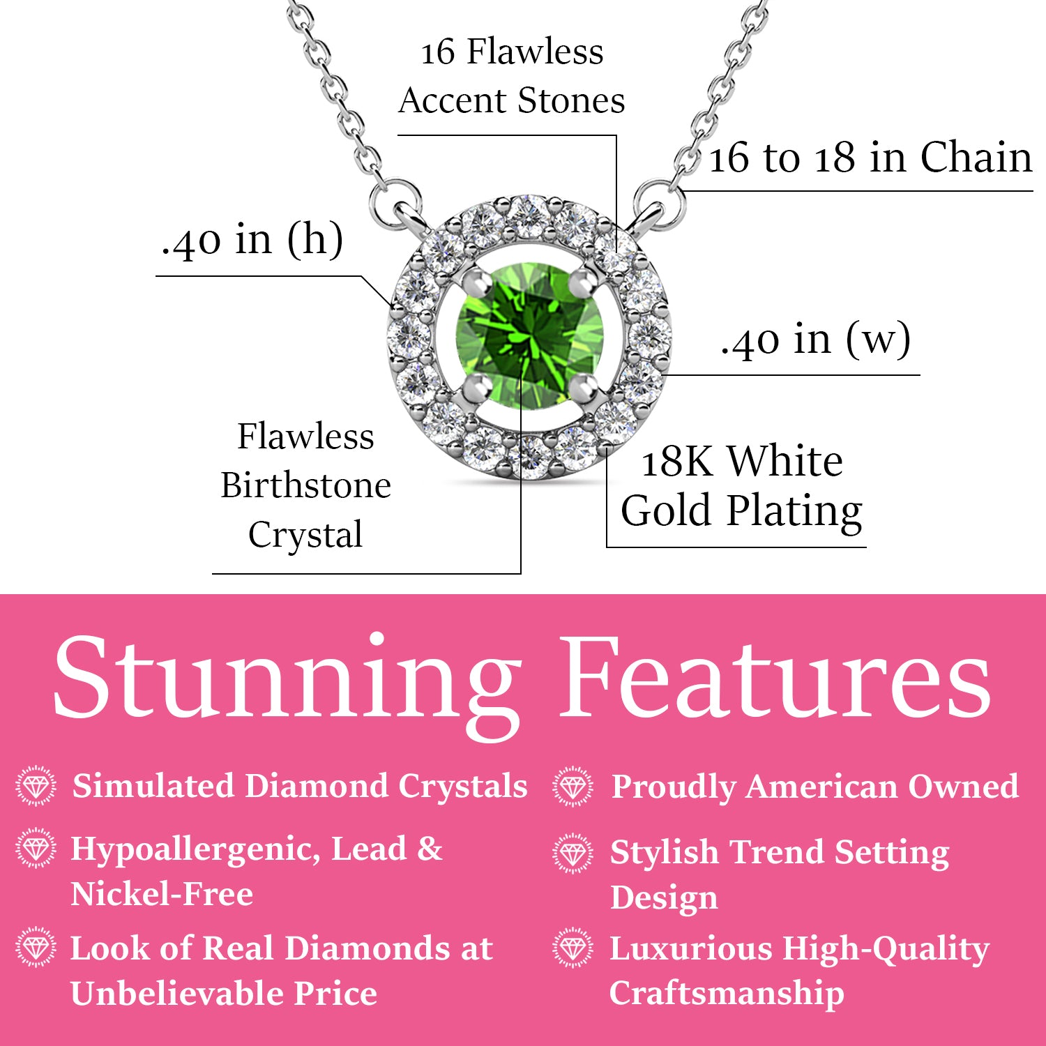 Royal August Birthstone Peridot Necklace, 18k White Gold Plated Silver Halo Necklace with Round Cut Crystal