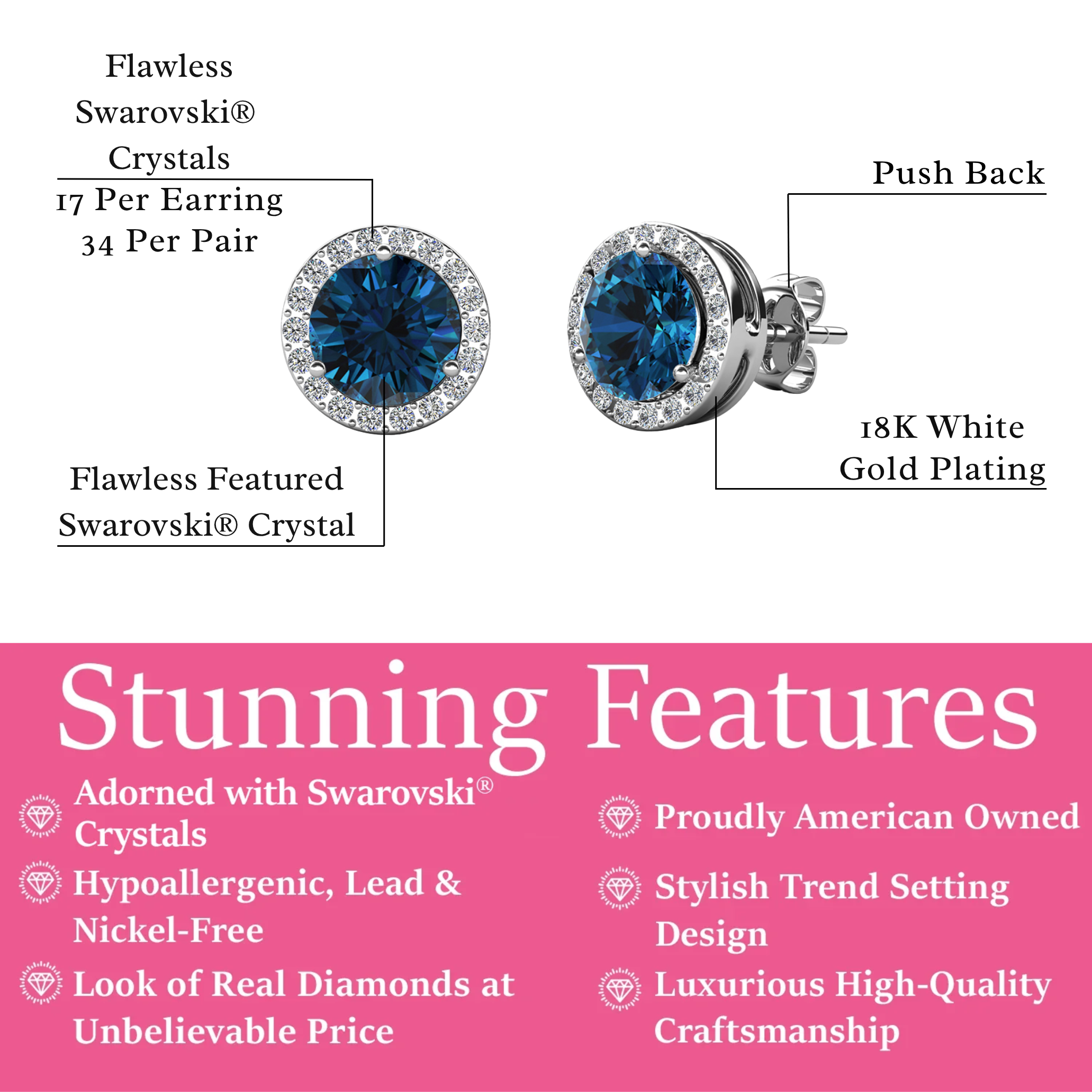 Royal Birthstone 18k White Gold Plated Halo Stud Earrings with Round Cut Swarovski Crystals