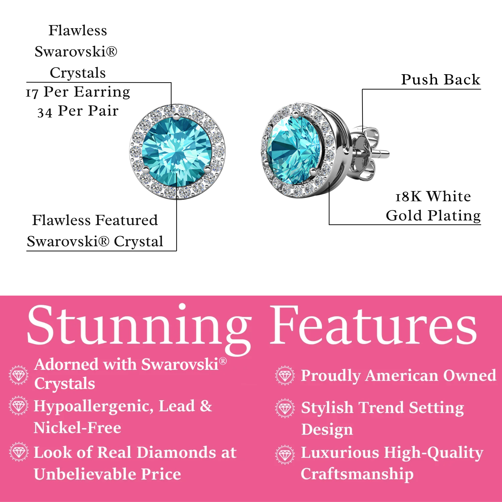 Royal Birthstone 18k White Gold Plated Halo Stud Earrings with Round Cut Swarovski Crystals