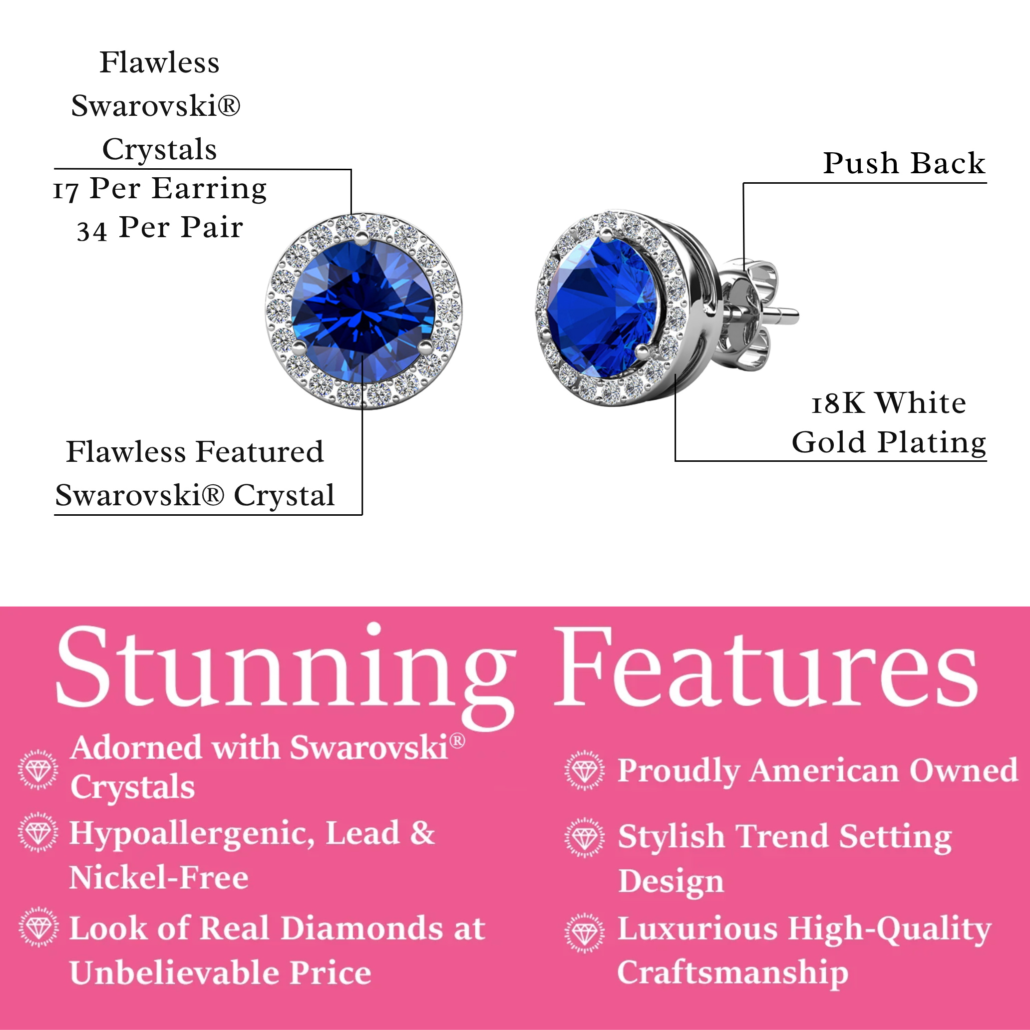 Royal Birthstone 18k White Gold Plated Halo Stud Earrings with Round Cut Swarovski Crystals