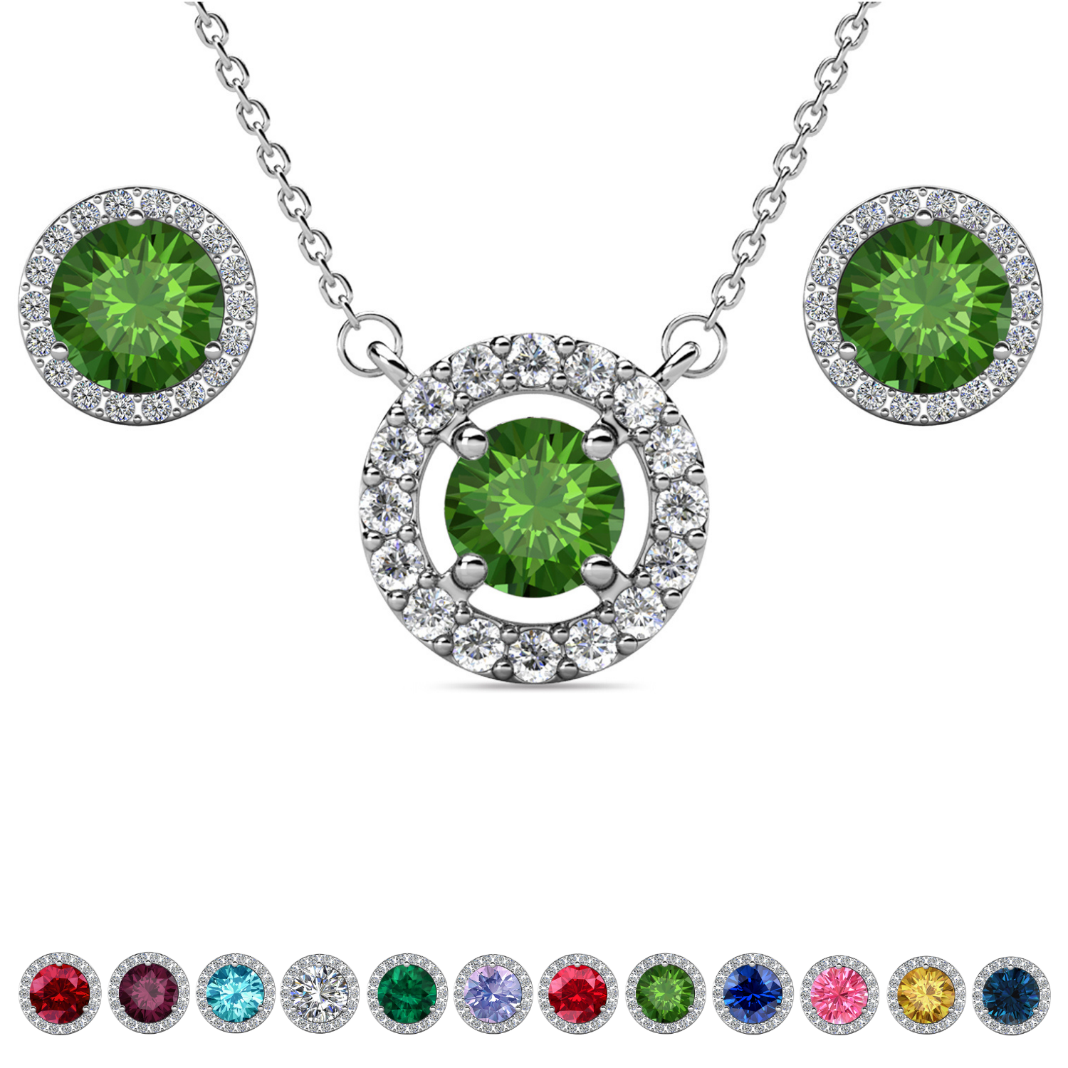 Royal Birthstone 18k White Gold Plated Halo Stud Earrings and Necklace Set with Swarovski Crystals