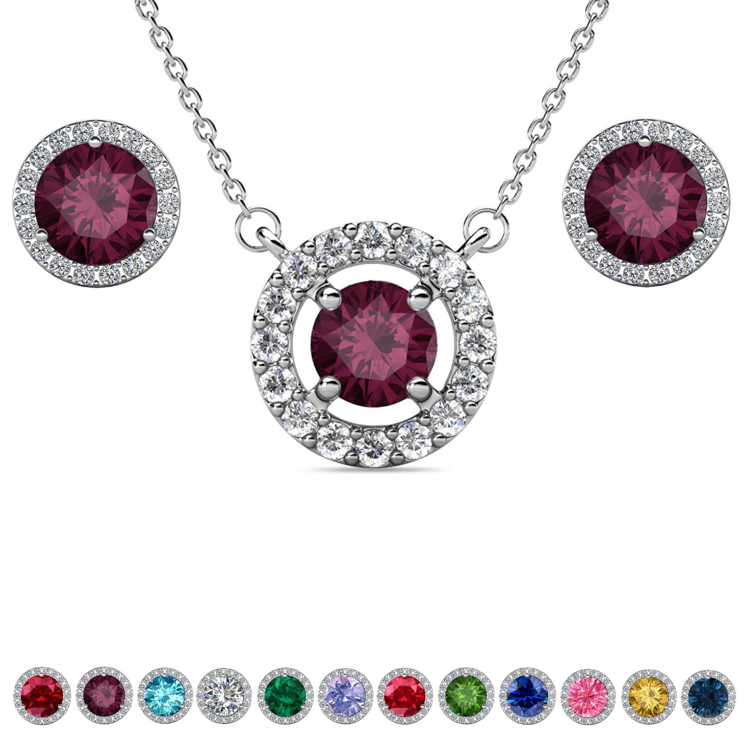 Royal Birthstone 18k White Gold Plated Halo Stud Earrings and Necklace Set with Swarovski Crystals