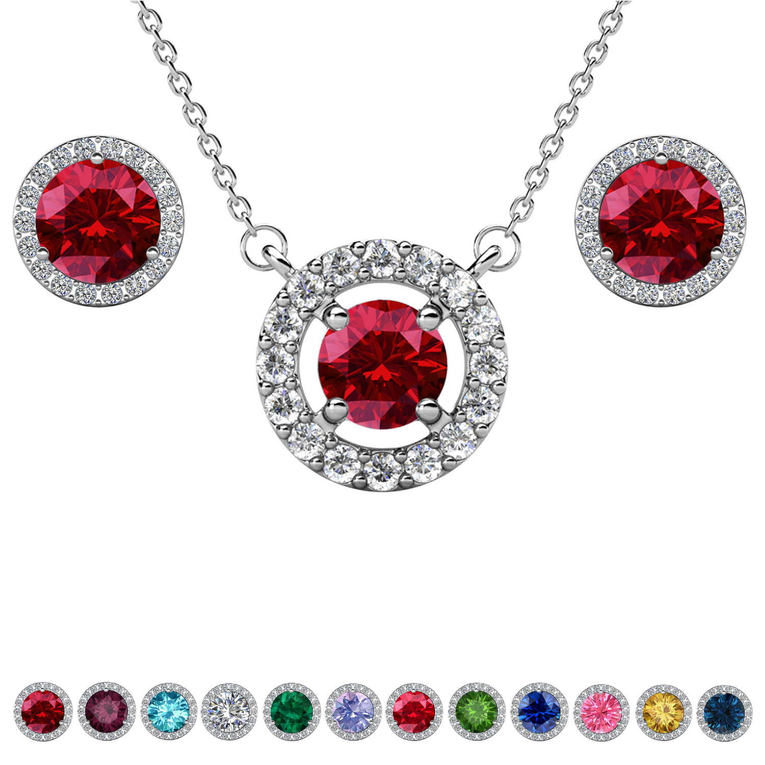 Royal Birthstone 18k White Gold Plated Halo Stud Earrings and Necklace Set with Swarovski Crystals