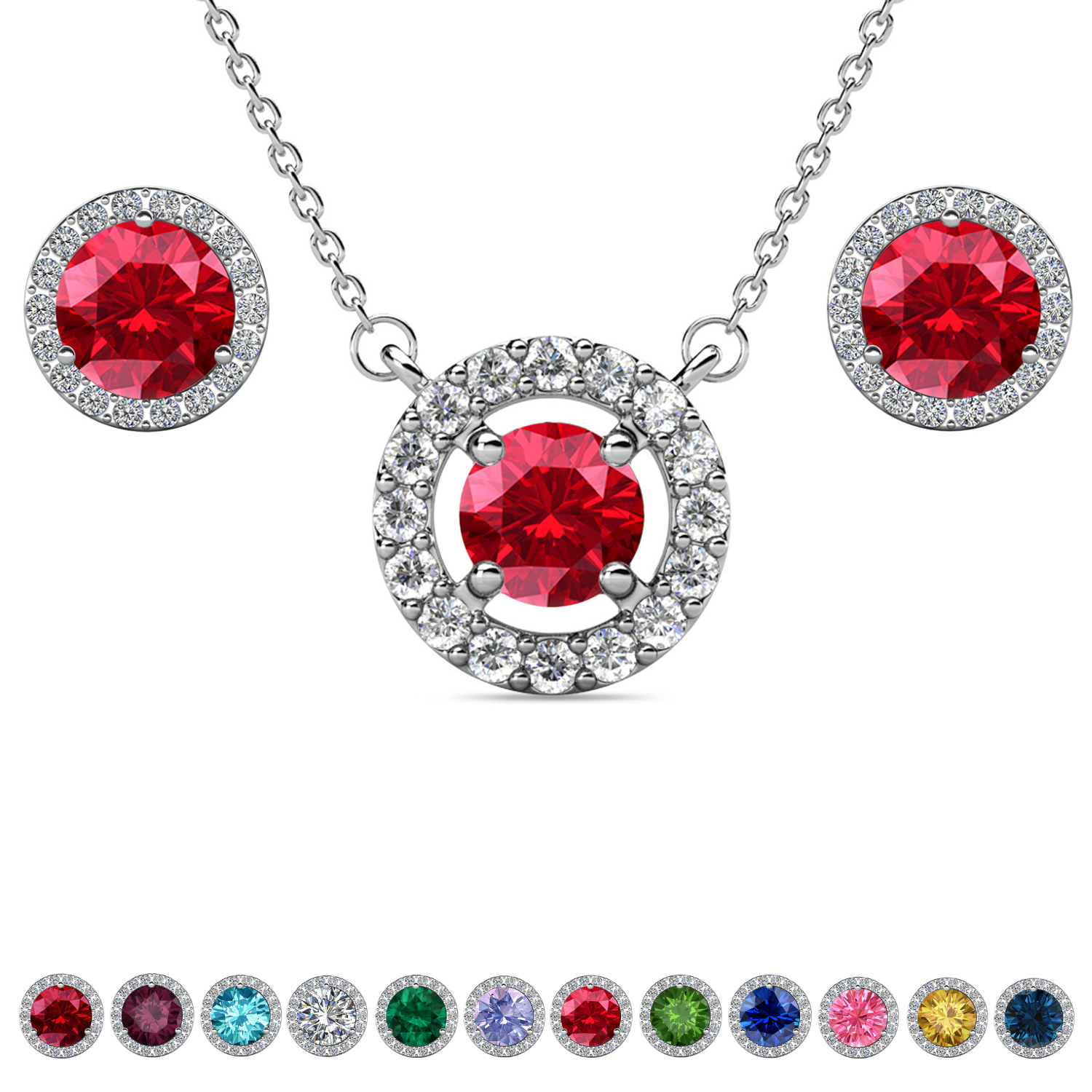 Royal Birthstone 18k White Gold Plated Halo Stud Earrings and Necklace Set with Swarovski Crystals
