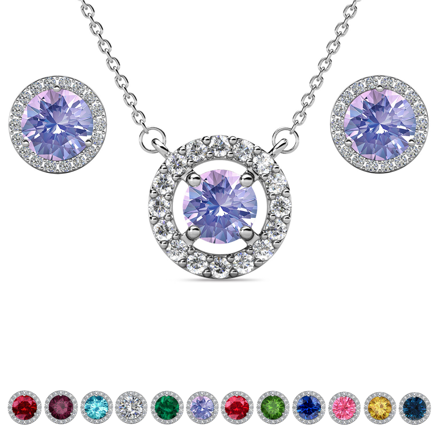 Royal Birthstone 18k White Gold Plated Halo Stud Earrings and Necklace Set with Swarovski Crystals